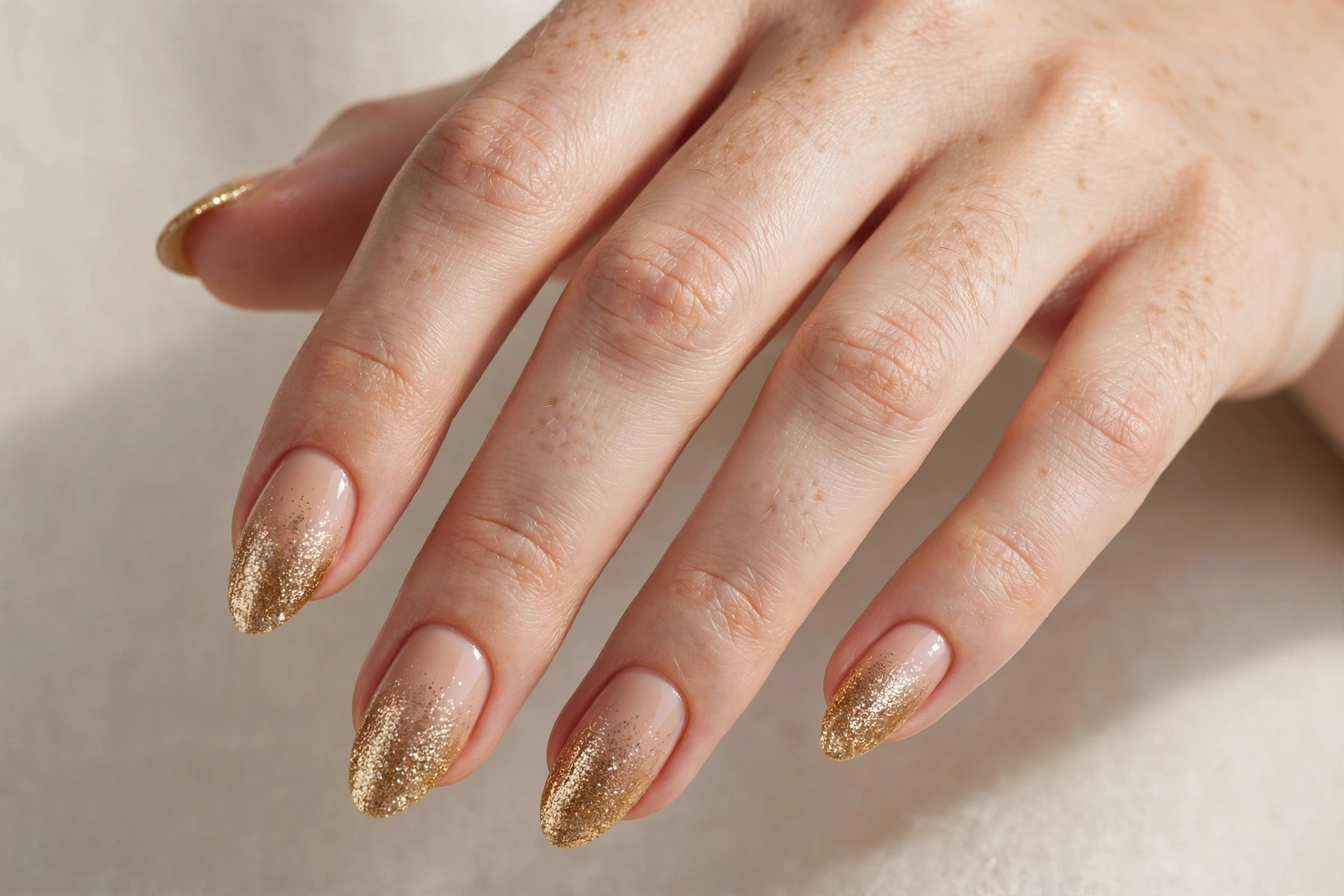 Close-up of almond nails with gold glitter ombre fading from nude to dense gold sparkle