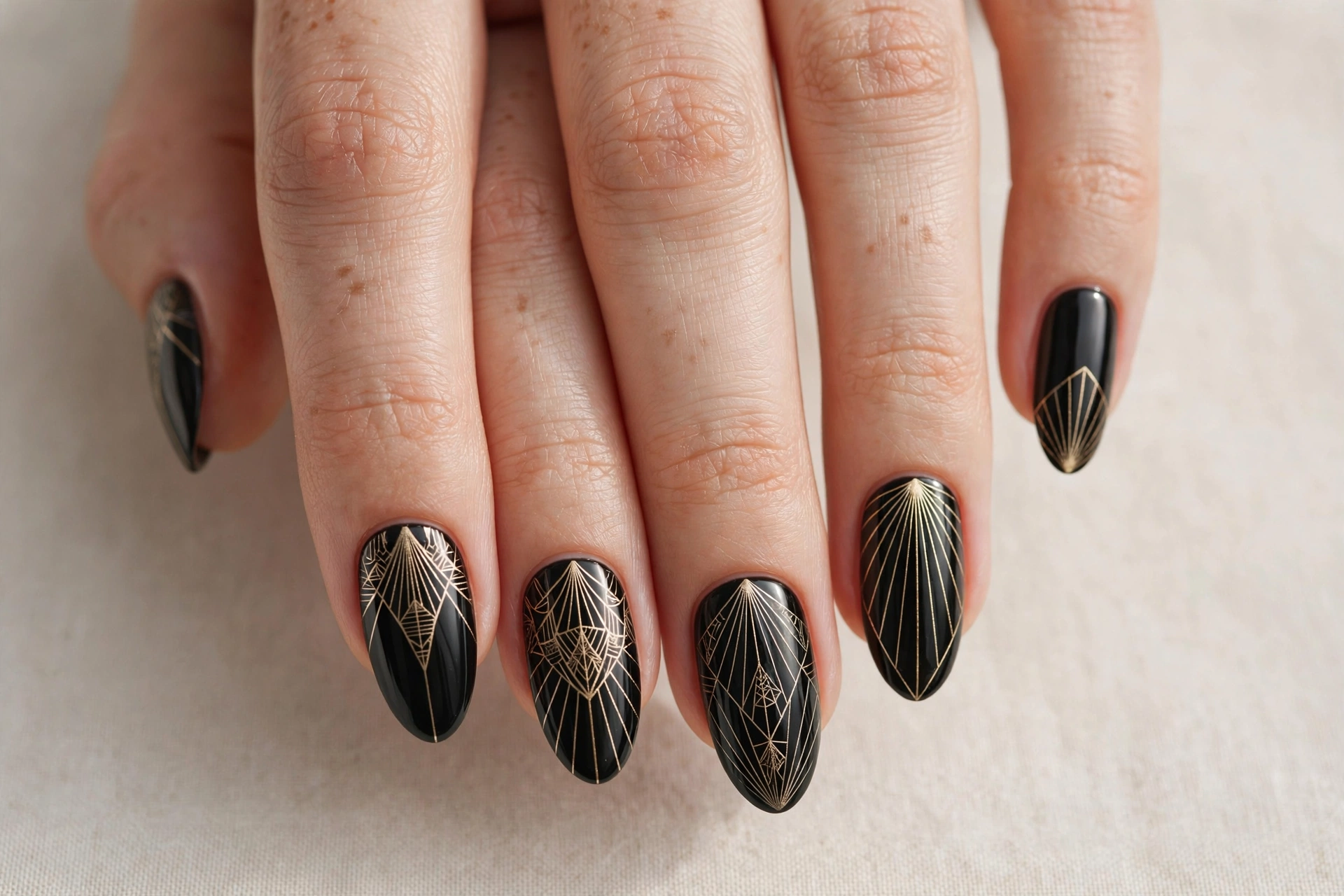 Close-up of almond nails with glossy black and gold art deco geometric fan lines