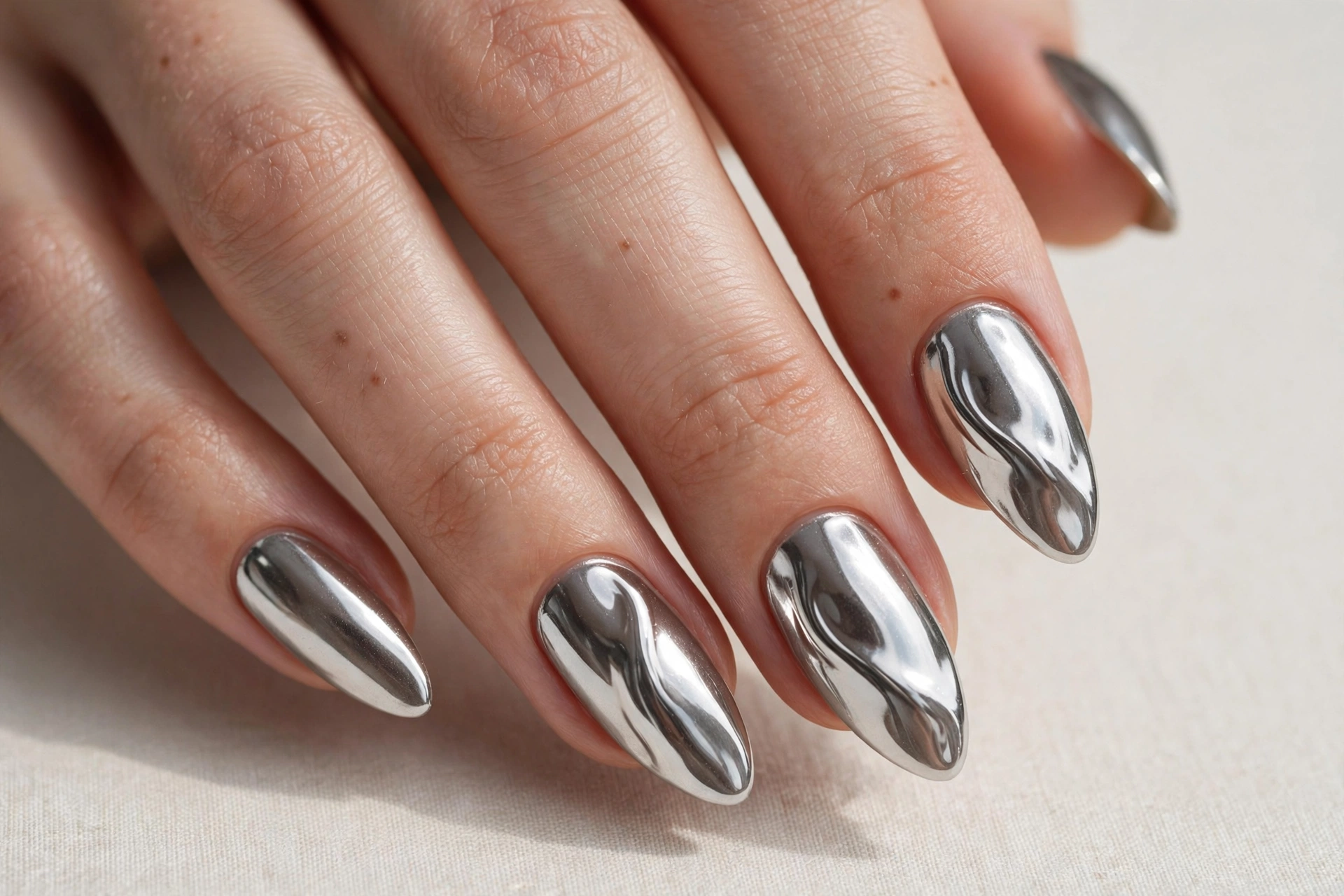 Close-up of almond nails with mirror-like silver chrome molten metal finish