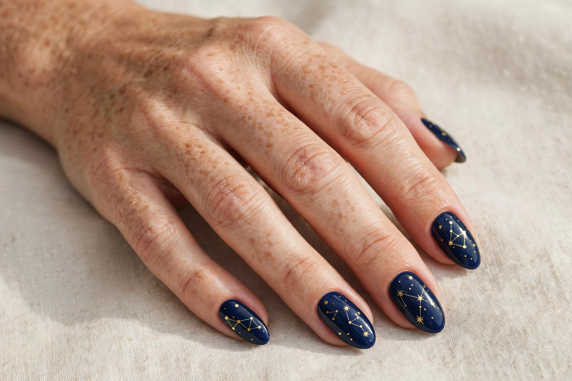 Close-up of almond nails with midnight blue polish and gold constellation star nail art