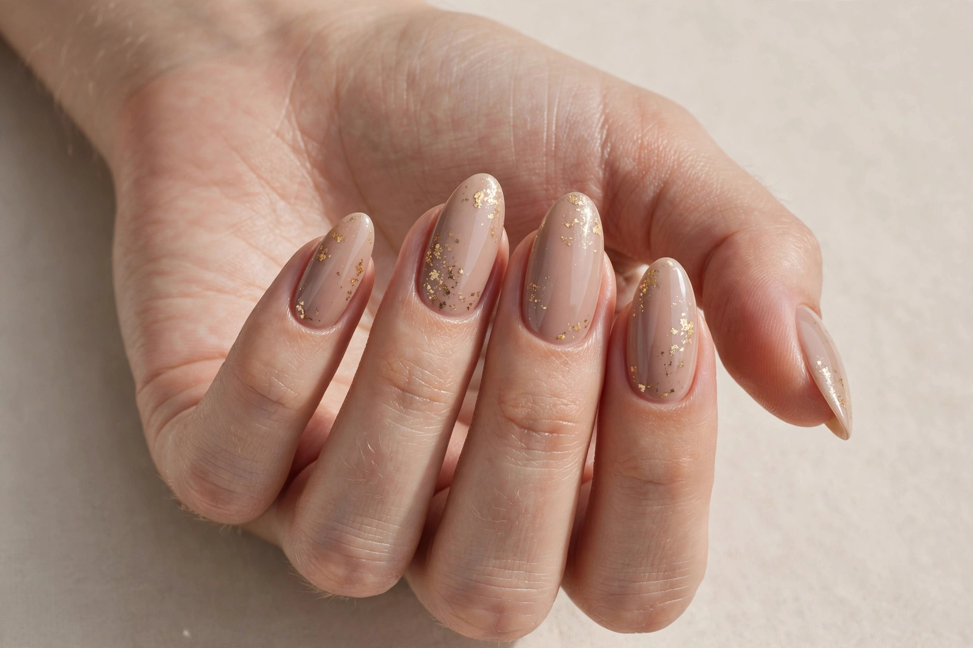 Close-up of almond nails with champagne nude polish and delicate gold flake accents