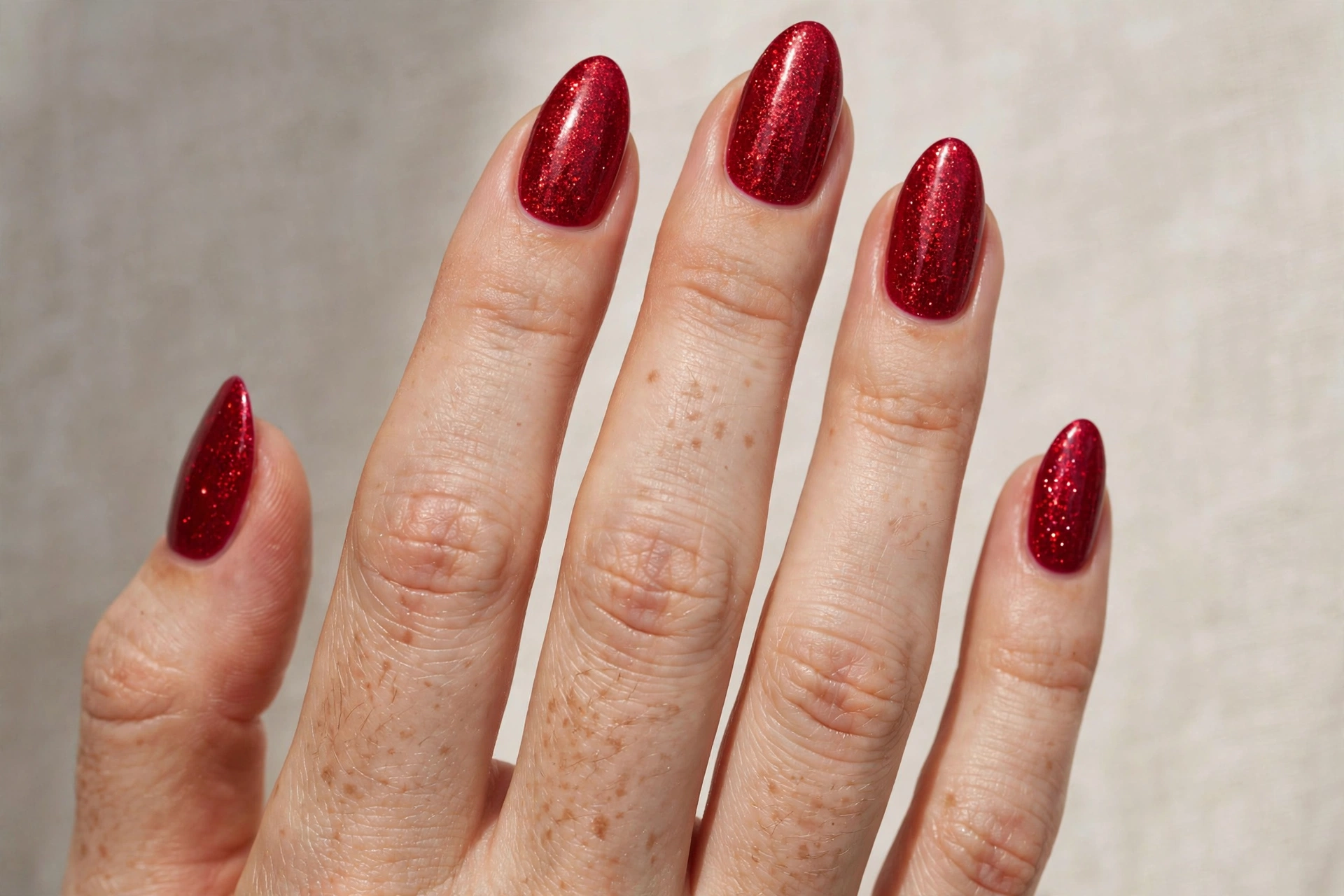 Close-up of almond nails with bold sparkling crimson red glitter manicure