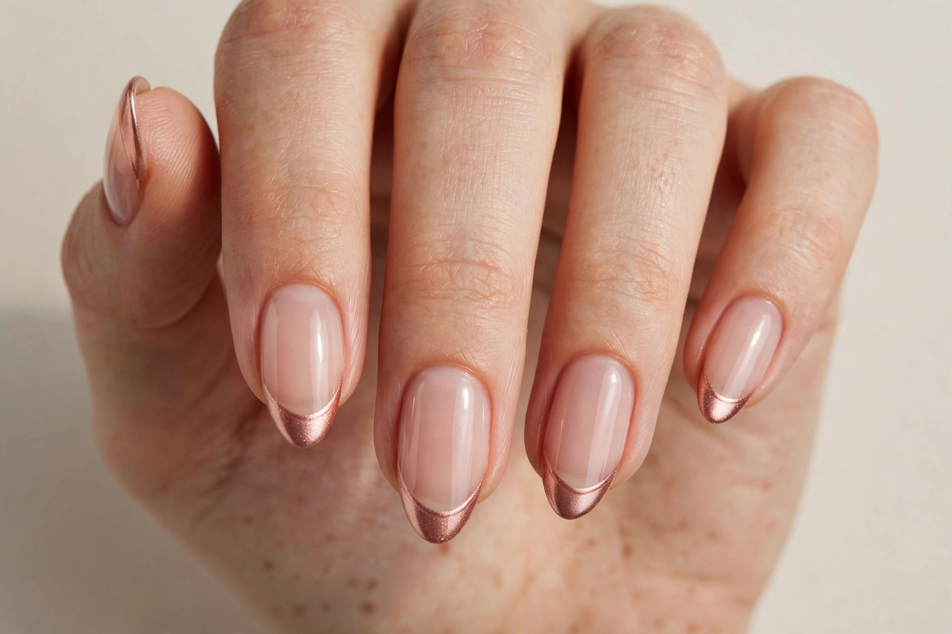 Close-up of almond nails with sheer nude base and metallic rose gold French tips