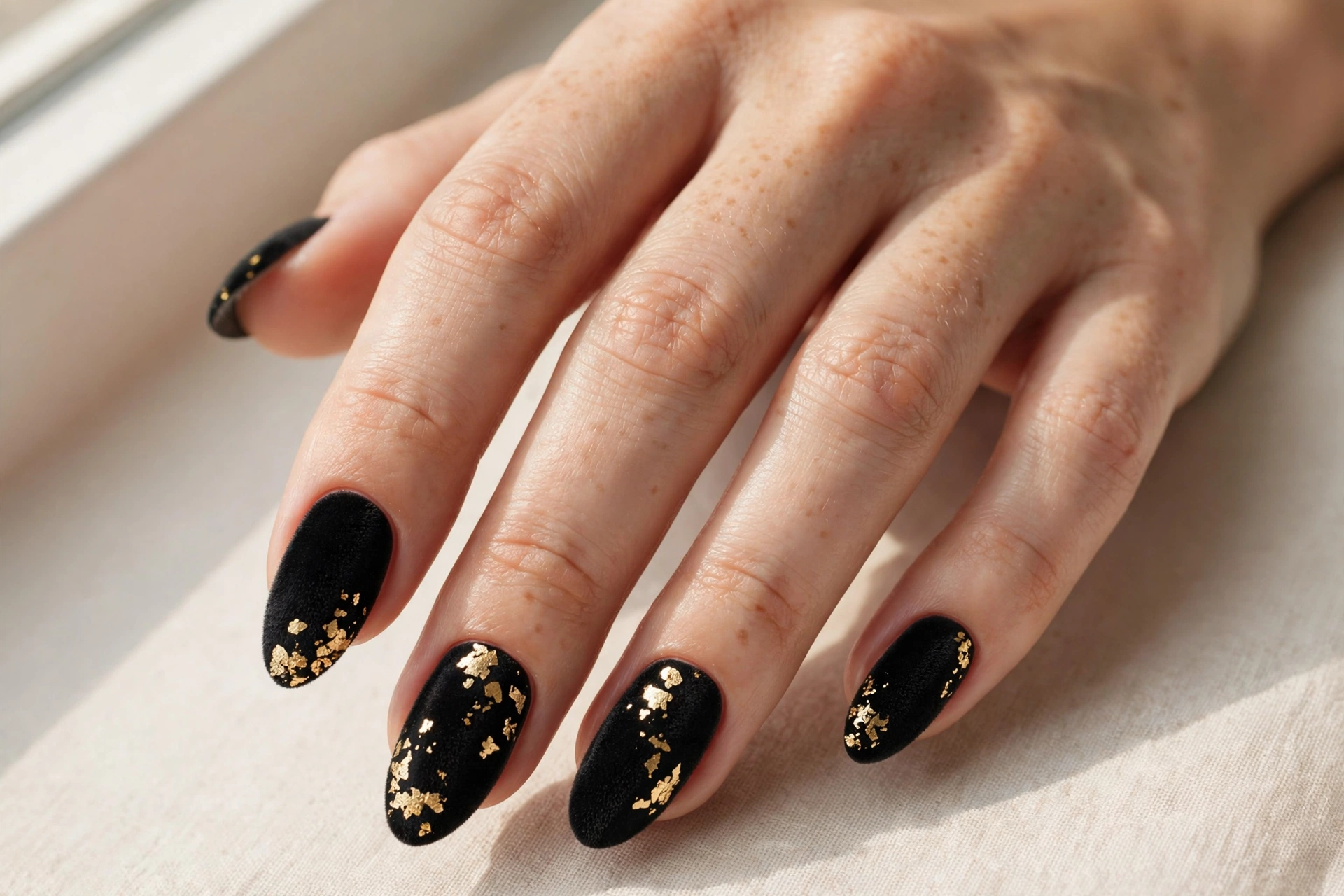 Close-up of almond nails with matte black velvet polish and gold foil flake accents