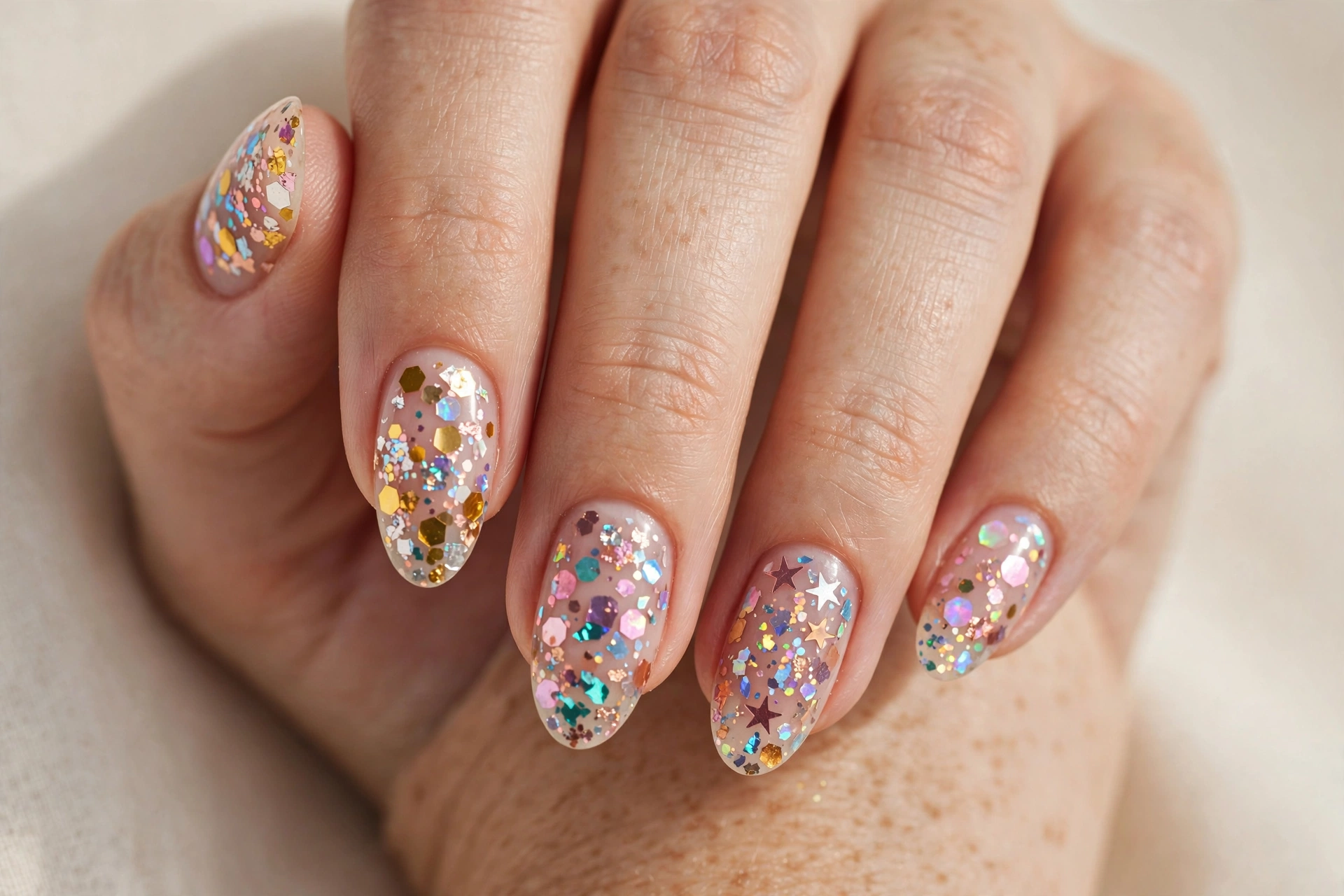 Close-up of almond nails with colorful metallic confetti glitter pieces over a nude base