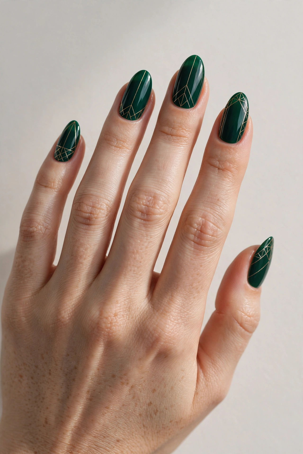 Close-up of almond nails with deep emerald green polish and thin gold geometric line art