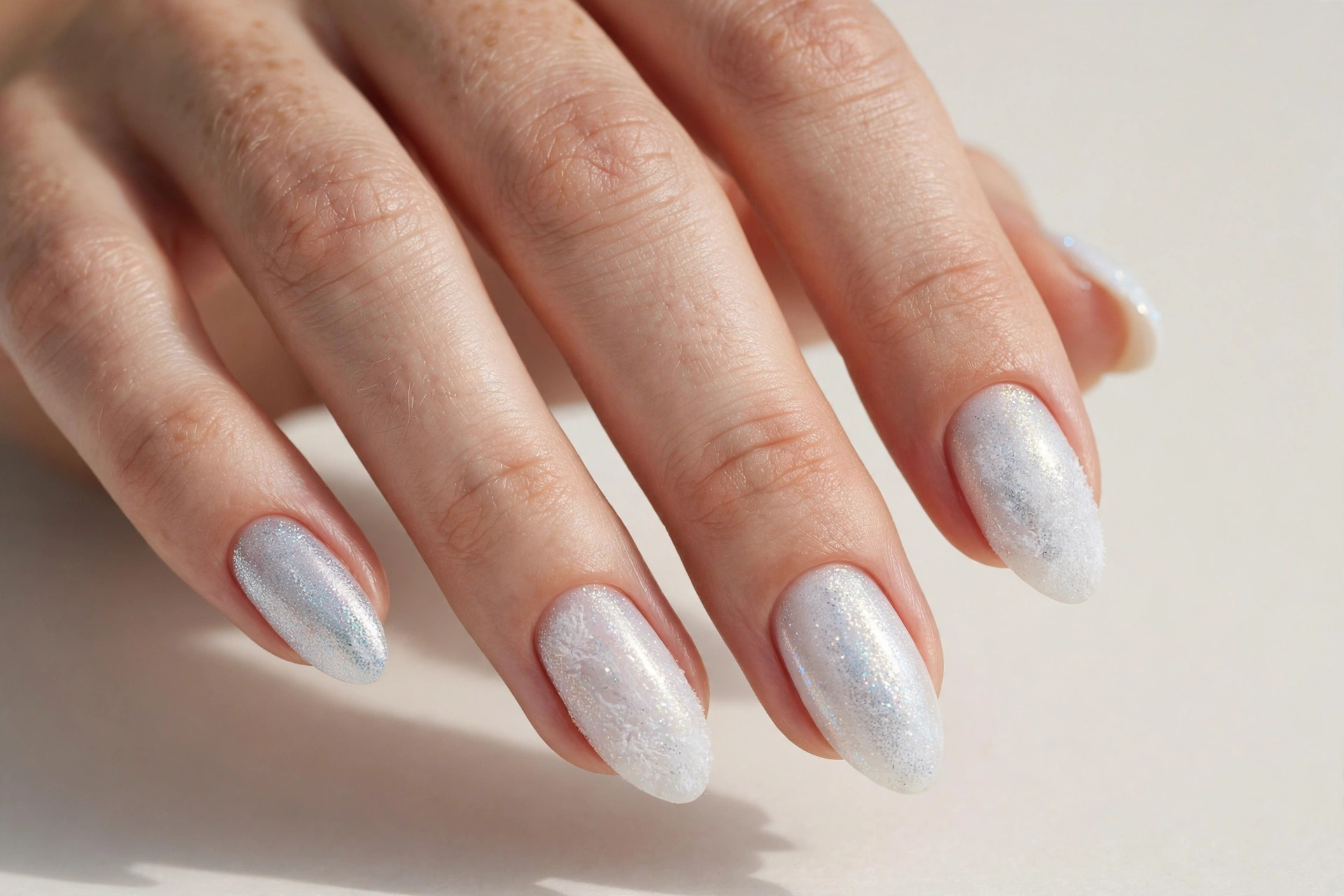 Close-up of almond nails with winter white polish and subtle silver frost shimmer
