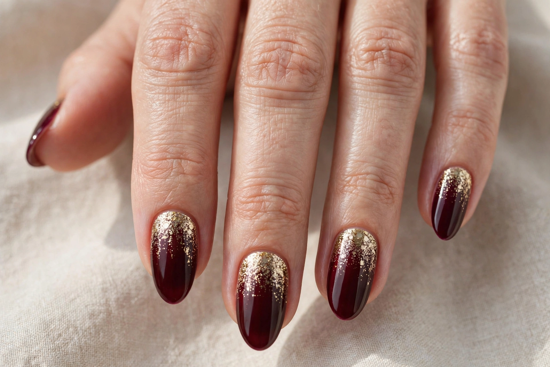 Close-up of almond nails with burgundy wine polish and gold glitter fading from the cuticle