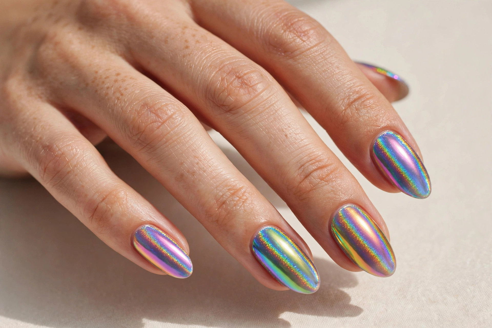Close-up of almond nails with iridescent holographic rainbow chrome finish