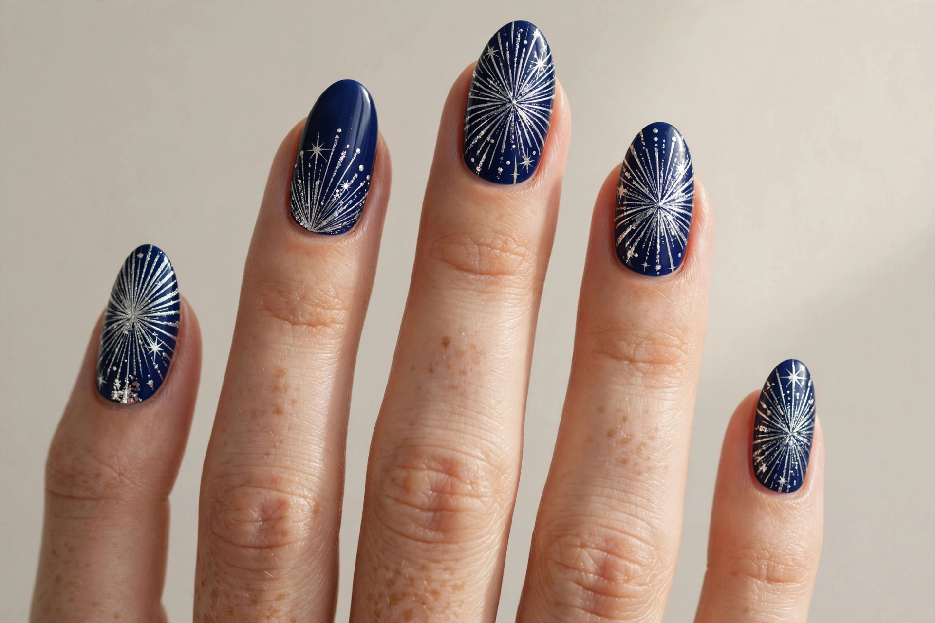 Close-up of almond nails with navy blue polish and silver firework burst nail art