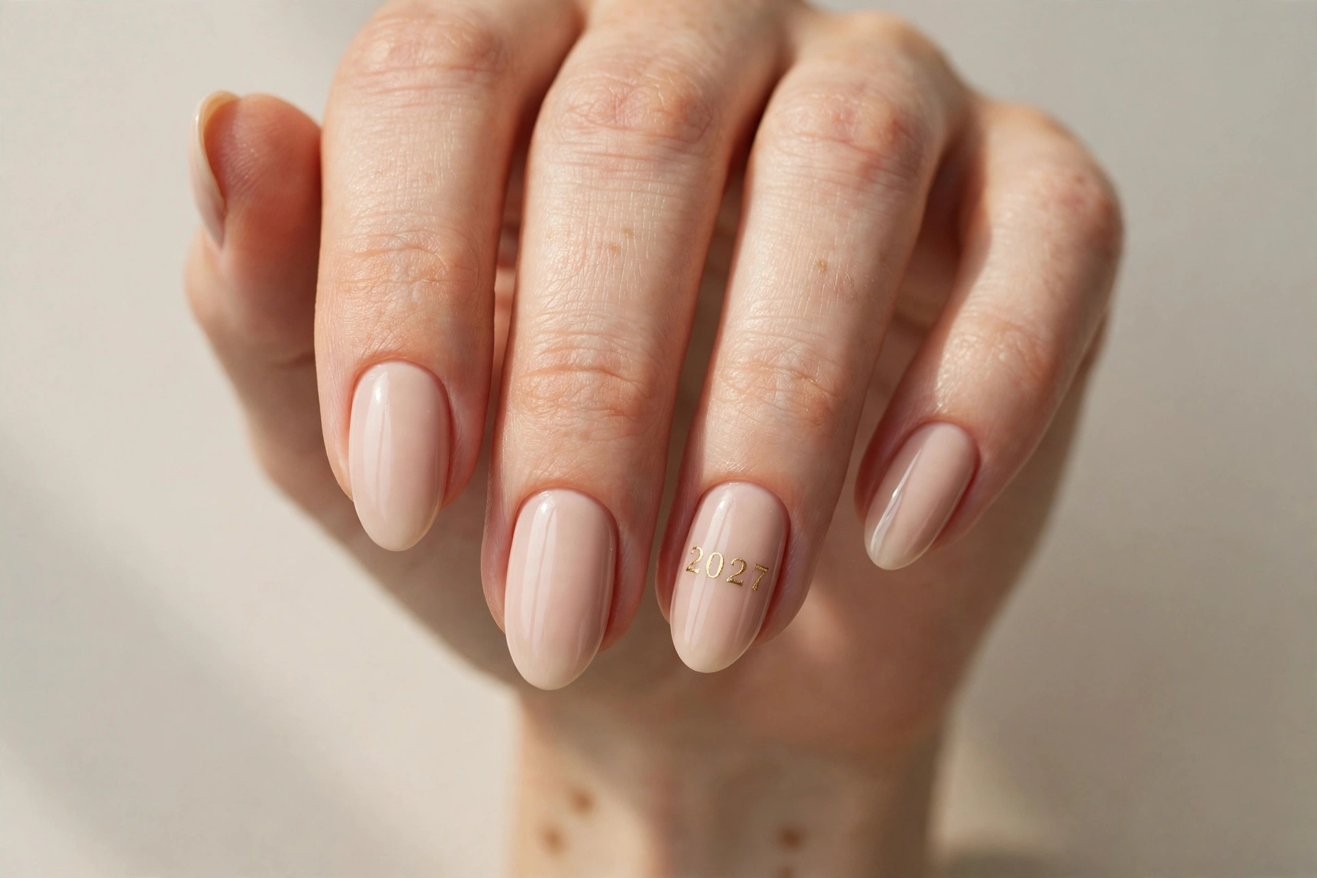 Close-up of almond nails with nude polish and small gold 2027 numerals on the ring finger