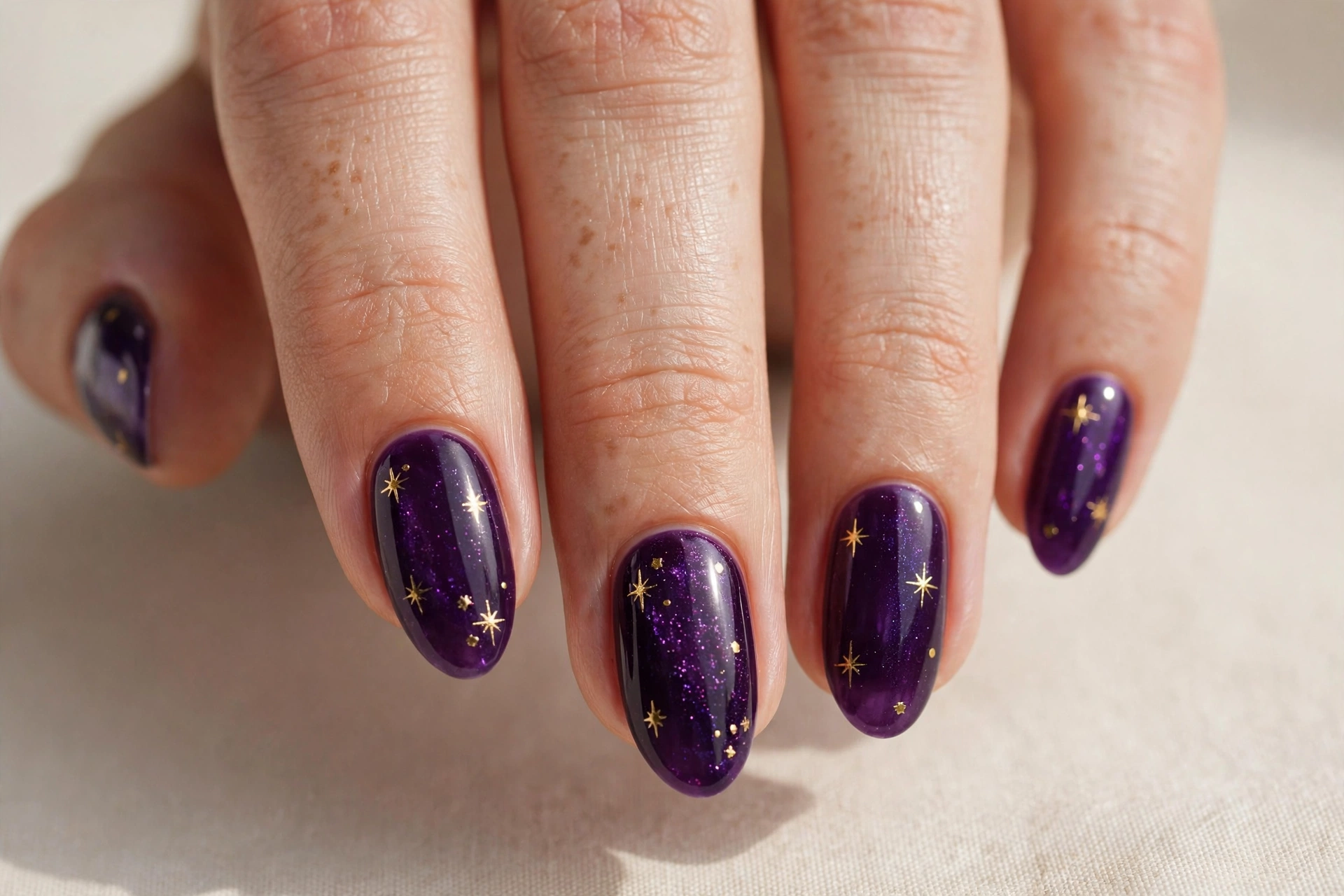 Close-up of almond nails with deep purple amethyst polish and tiny gold star nail art