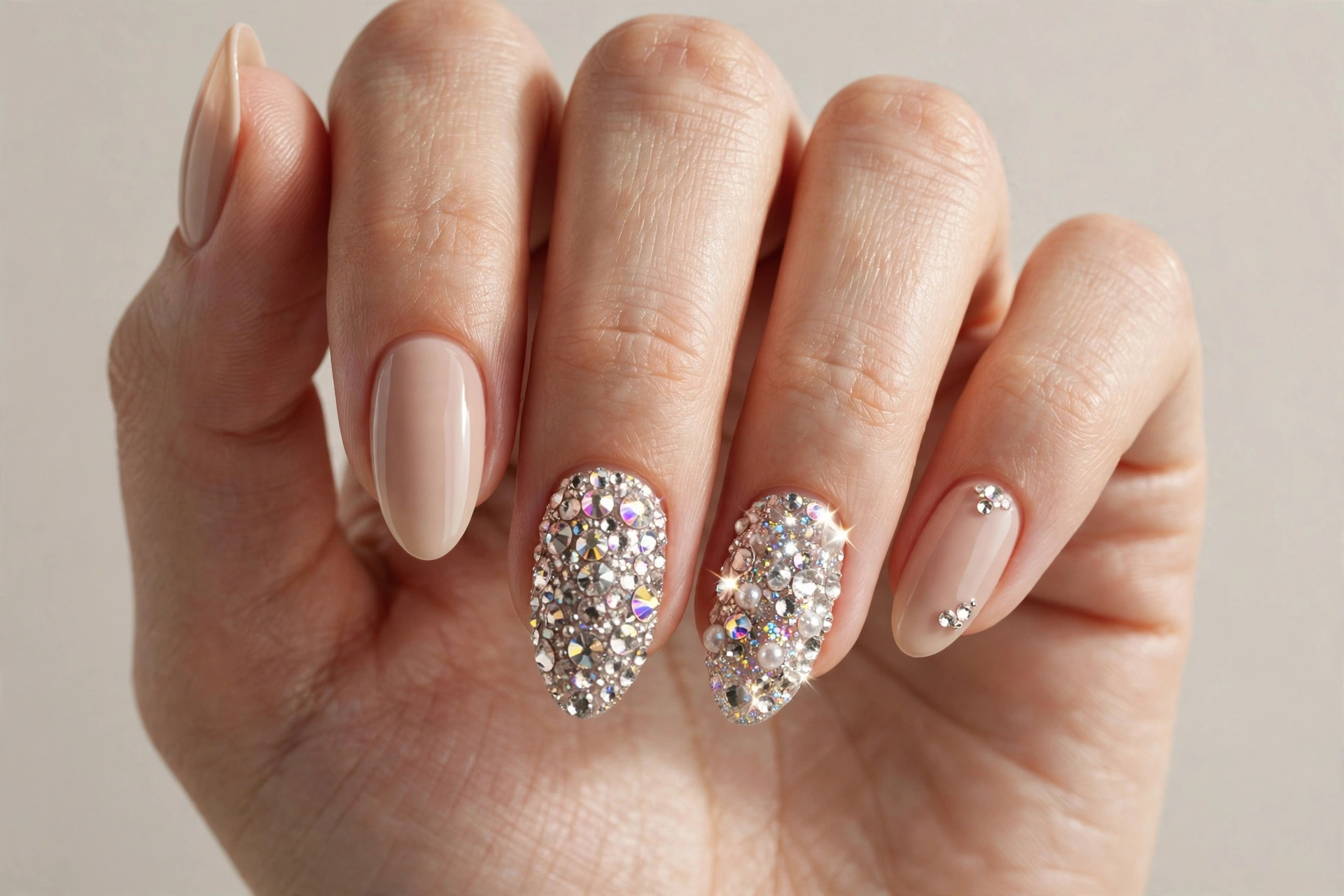 Close-up of almond nails with nude base and crystal rhinestone gem accents on select nails