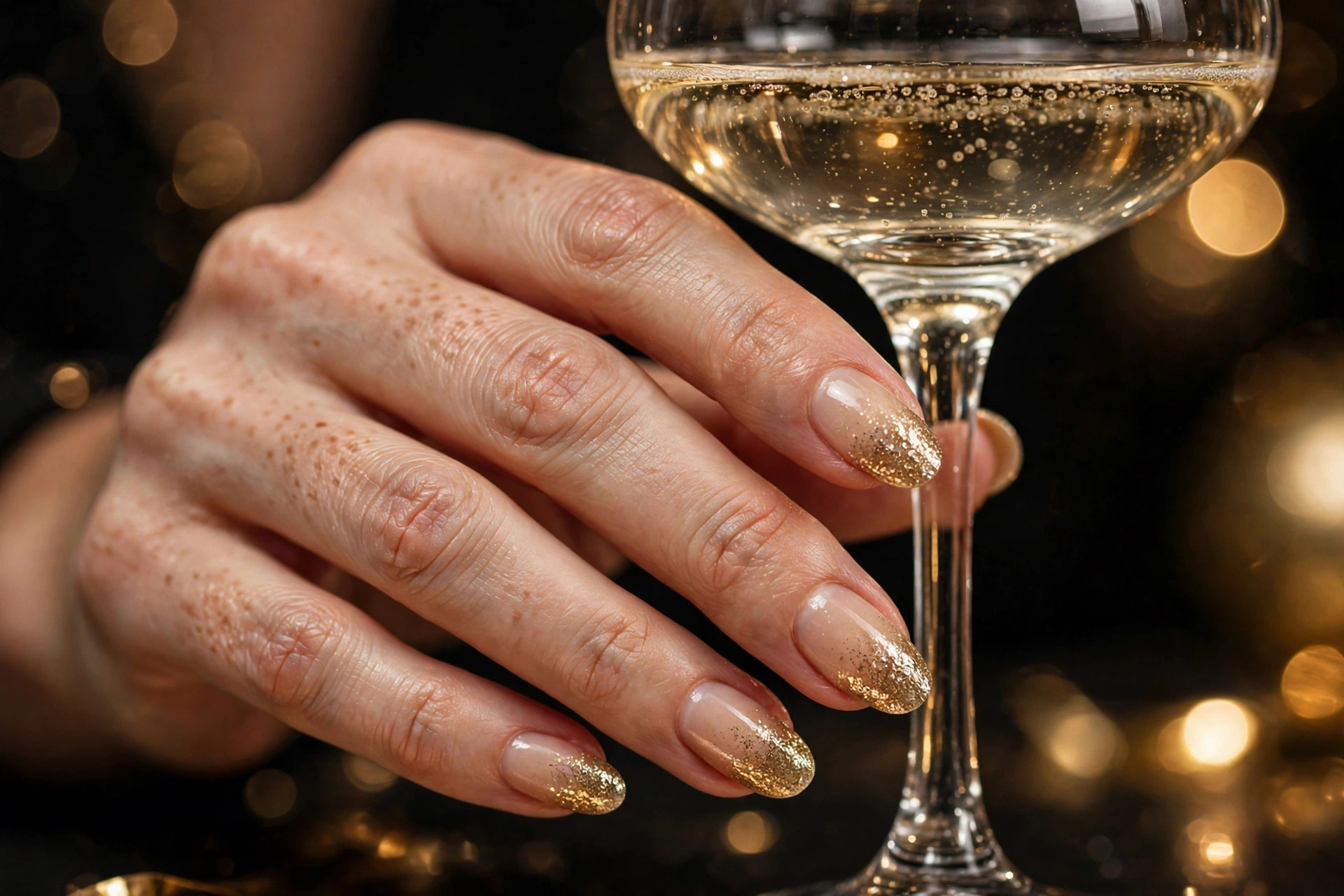 Gold glitter ombre New Year's nails fading from nude to dense gold glitter on almond nails