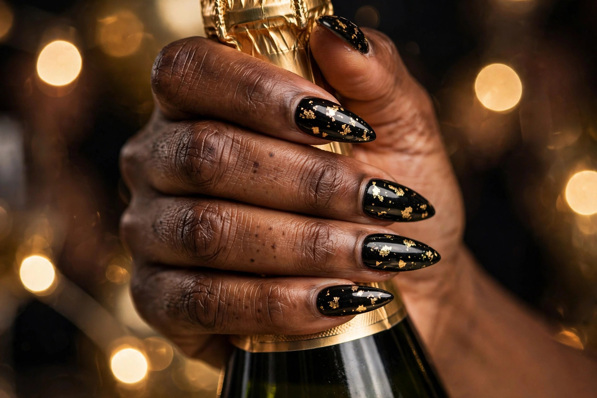 Glossy black New Year's nails with irregular gold foil flakes on long stiletto nails