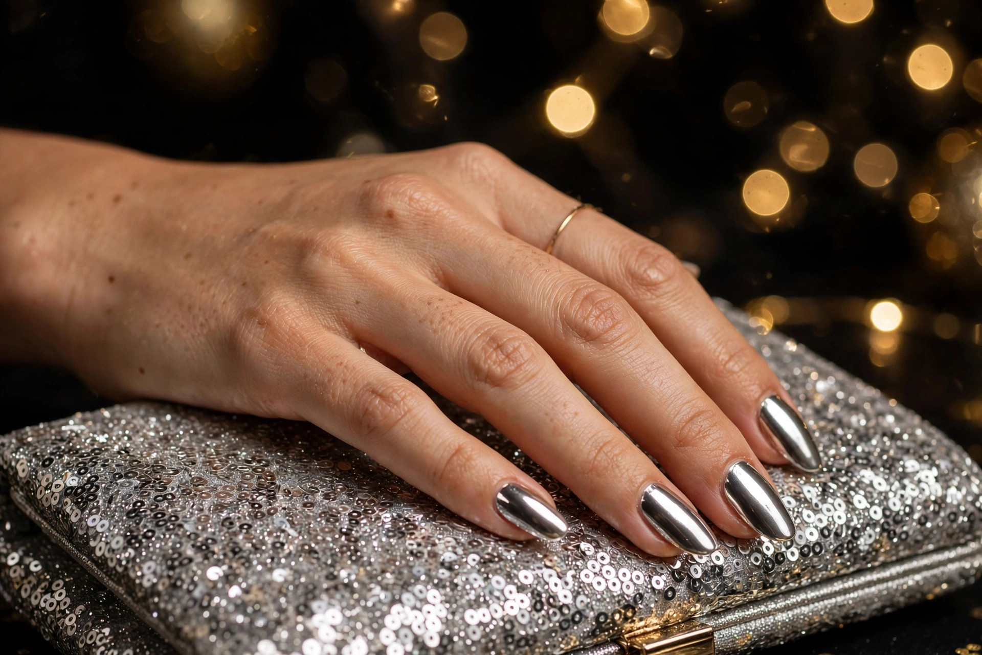 Mirror-shine silver chrome New Year's nails on long almond nails