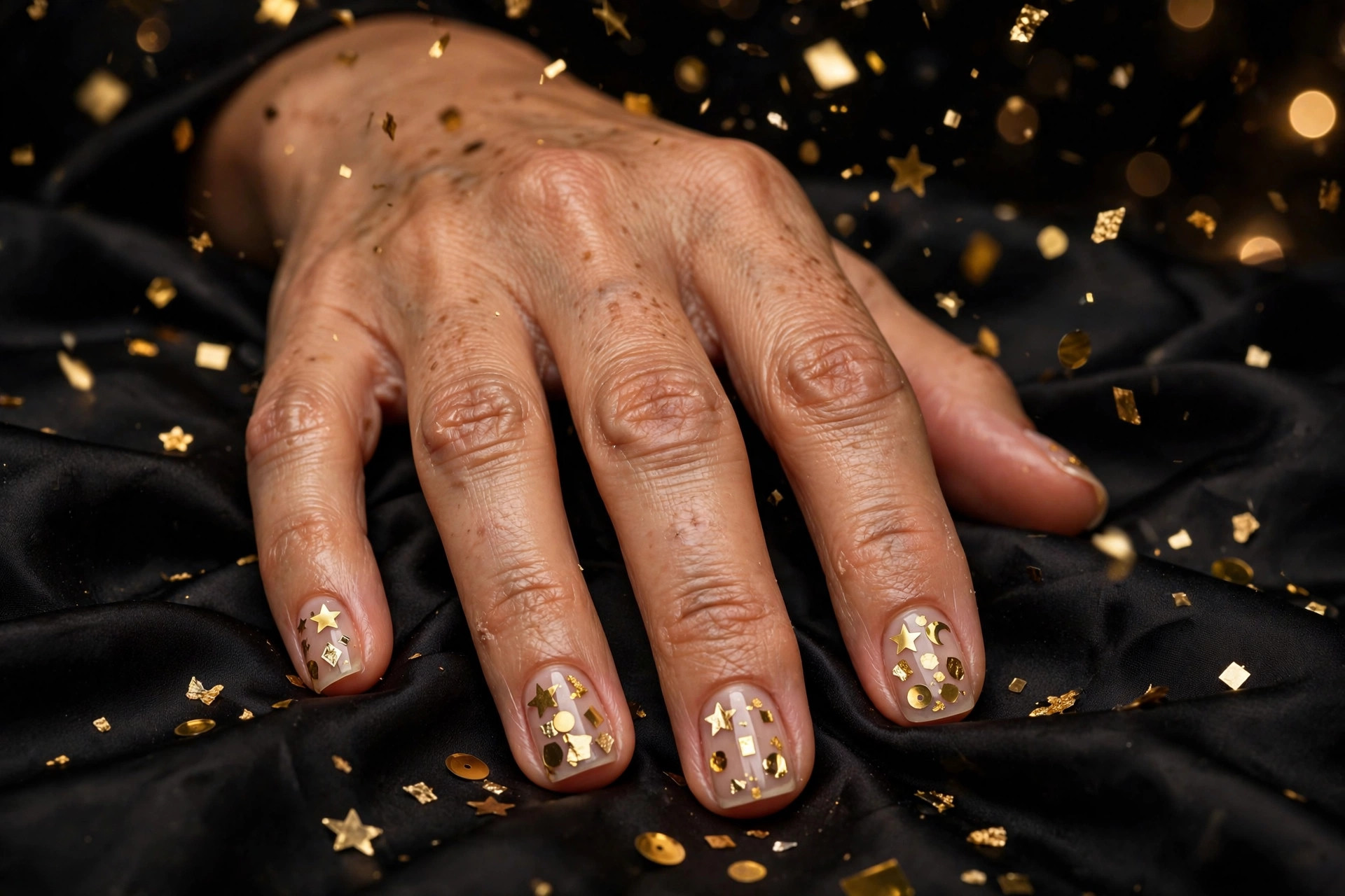 Sheer nude New Year's nails with chunky gold confetti pieces on short square nails