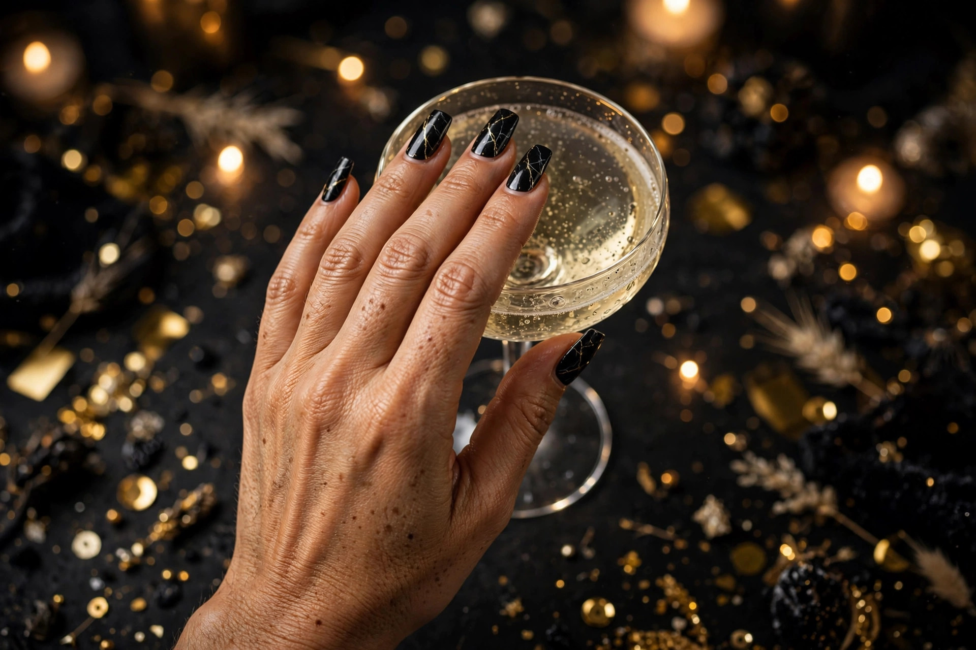 Black marble New Year's nail art with thin gold veining on medium coffin nails