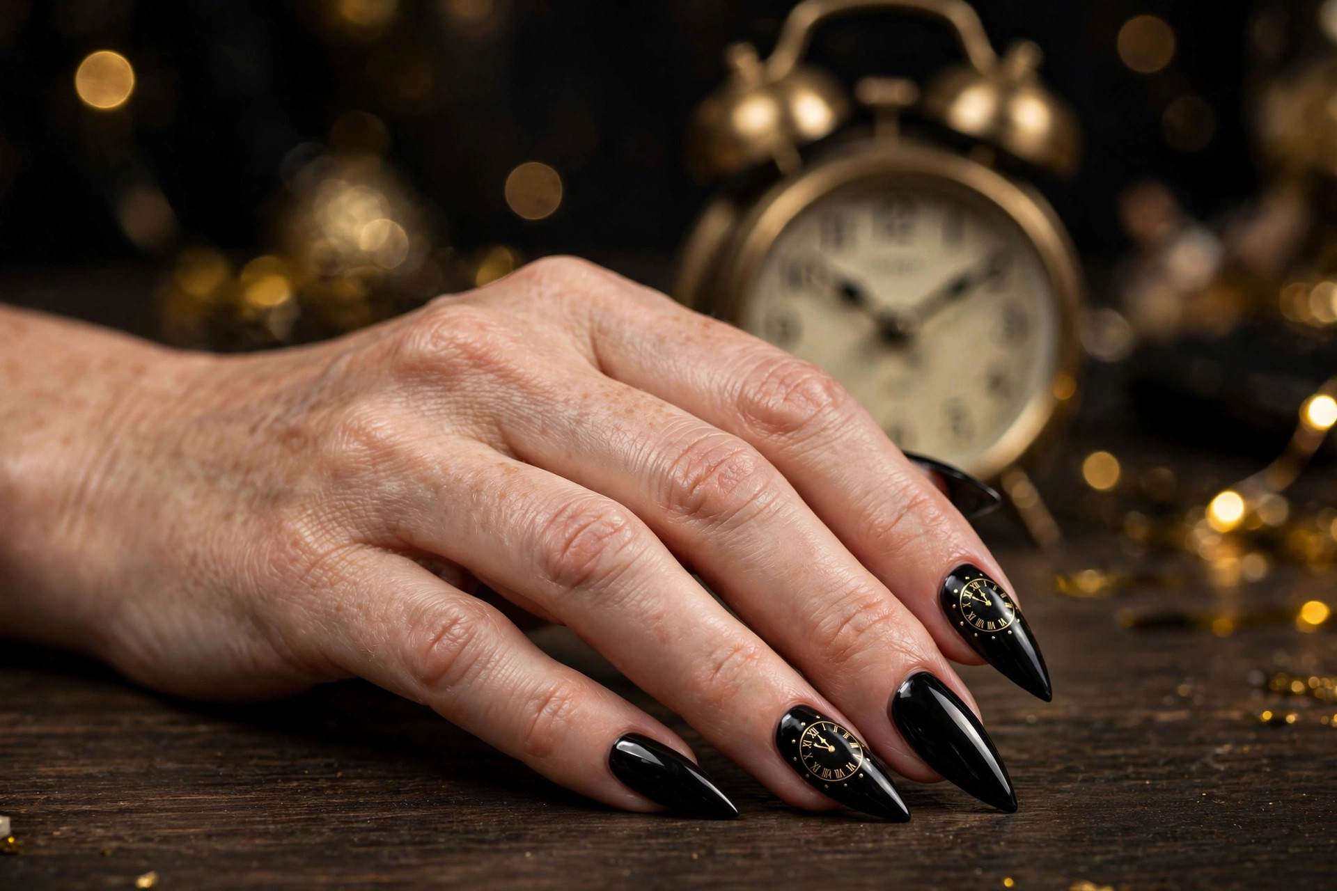 Black New Year's nails with tiny gold clock-face nail art showing midnight on stiletto nails