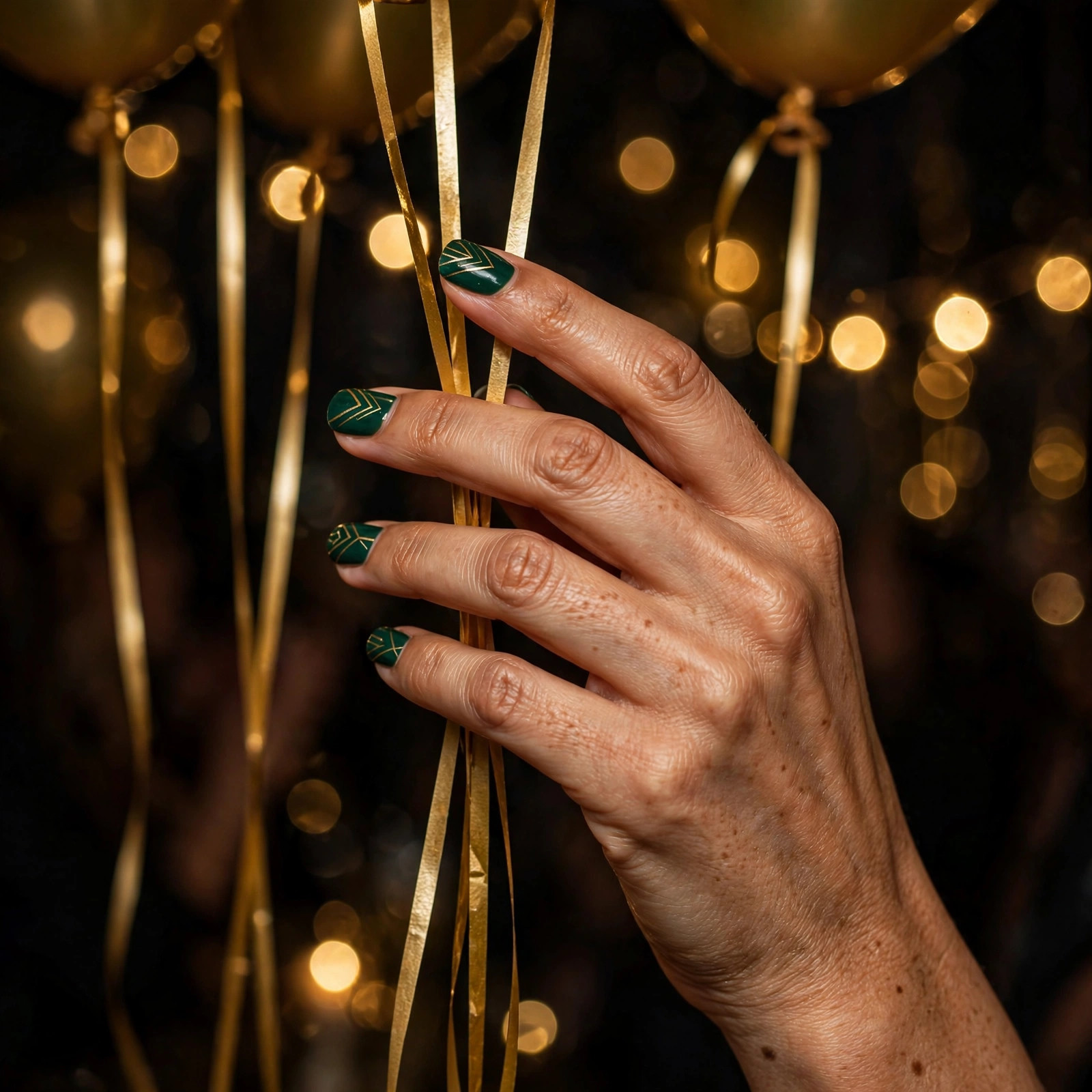 Deep emerald green New Year's nails with gold geometric art-deco lines on square nails