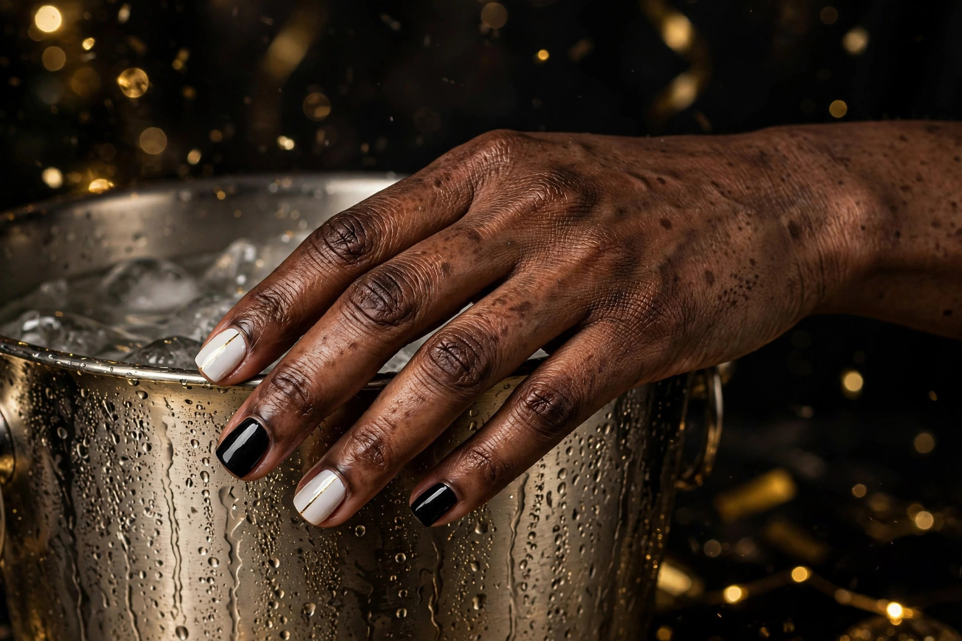 Tuxedo black and white New Year's nails with thin gold accent line on short square nails