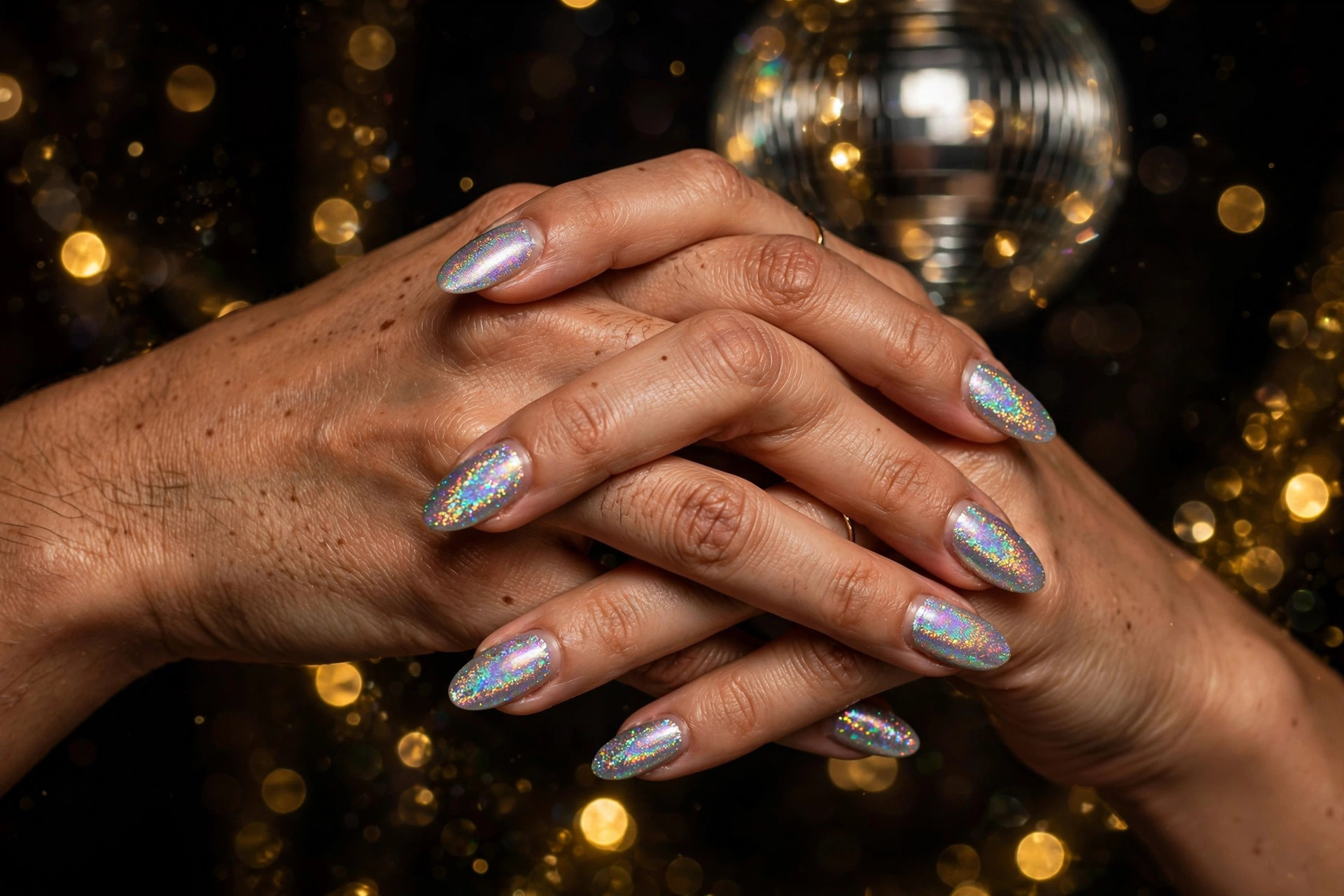 Silver holographic shimmer New Year's nails throwing rainbow reflections on long almond nails
