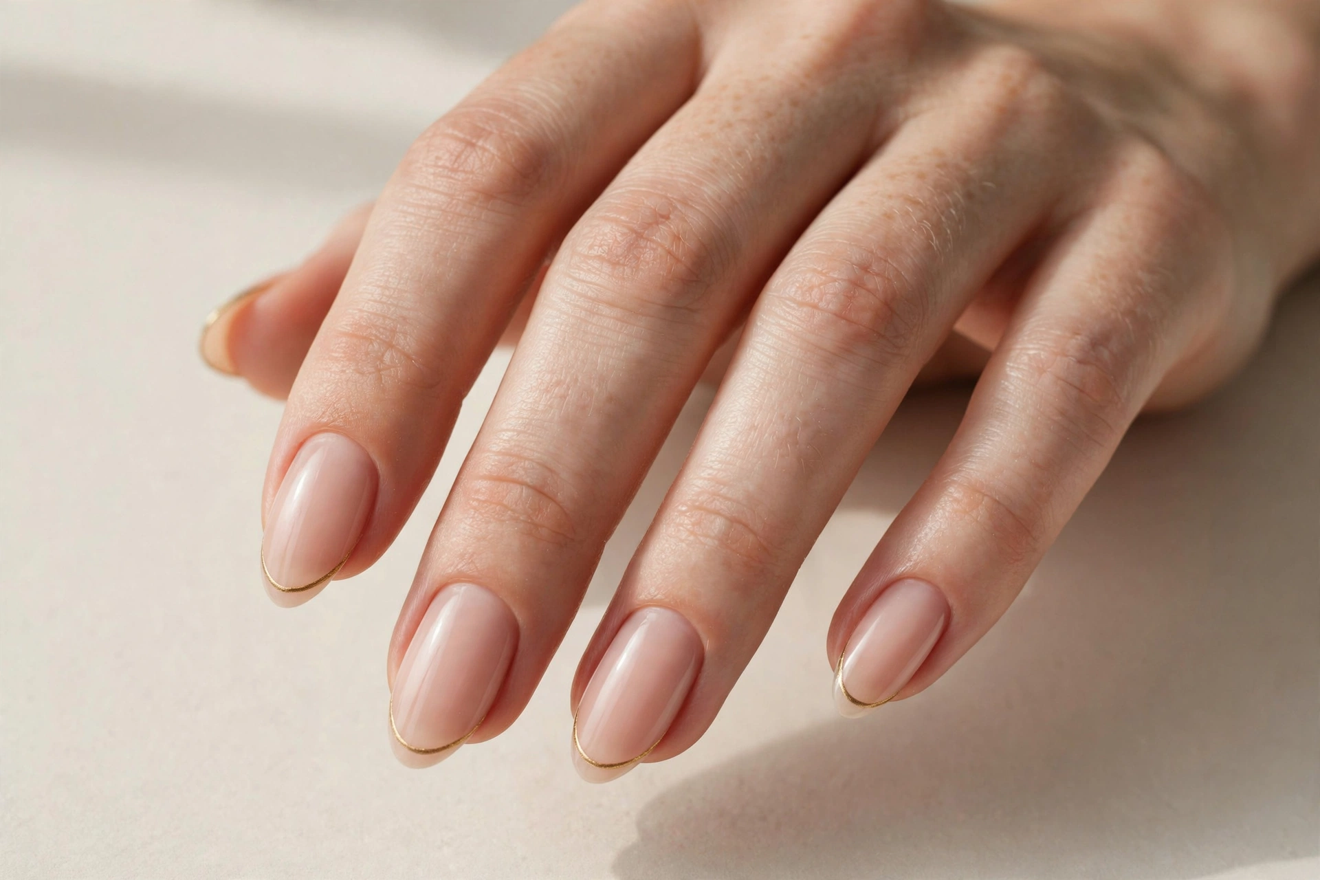 Close-up of a woman's hand with nude manicure and thin gold French tips