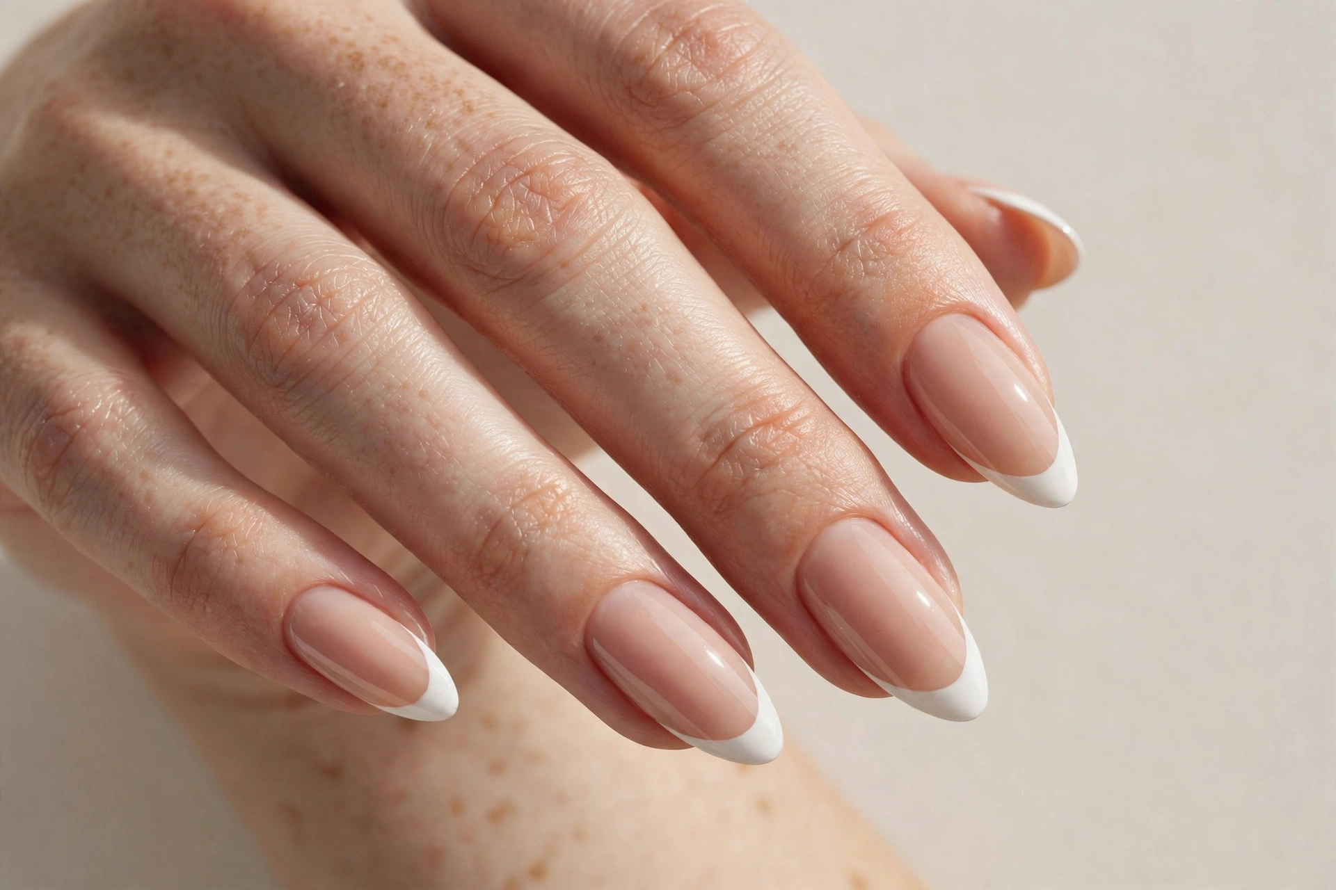 Classic nude French tip manicure on almond-shaped nails