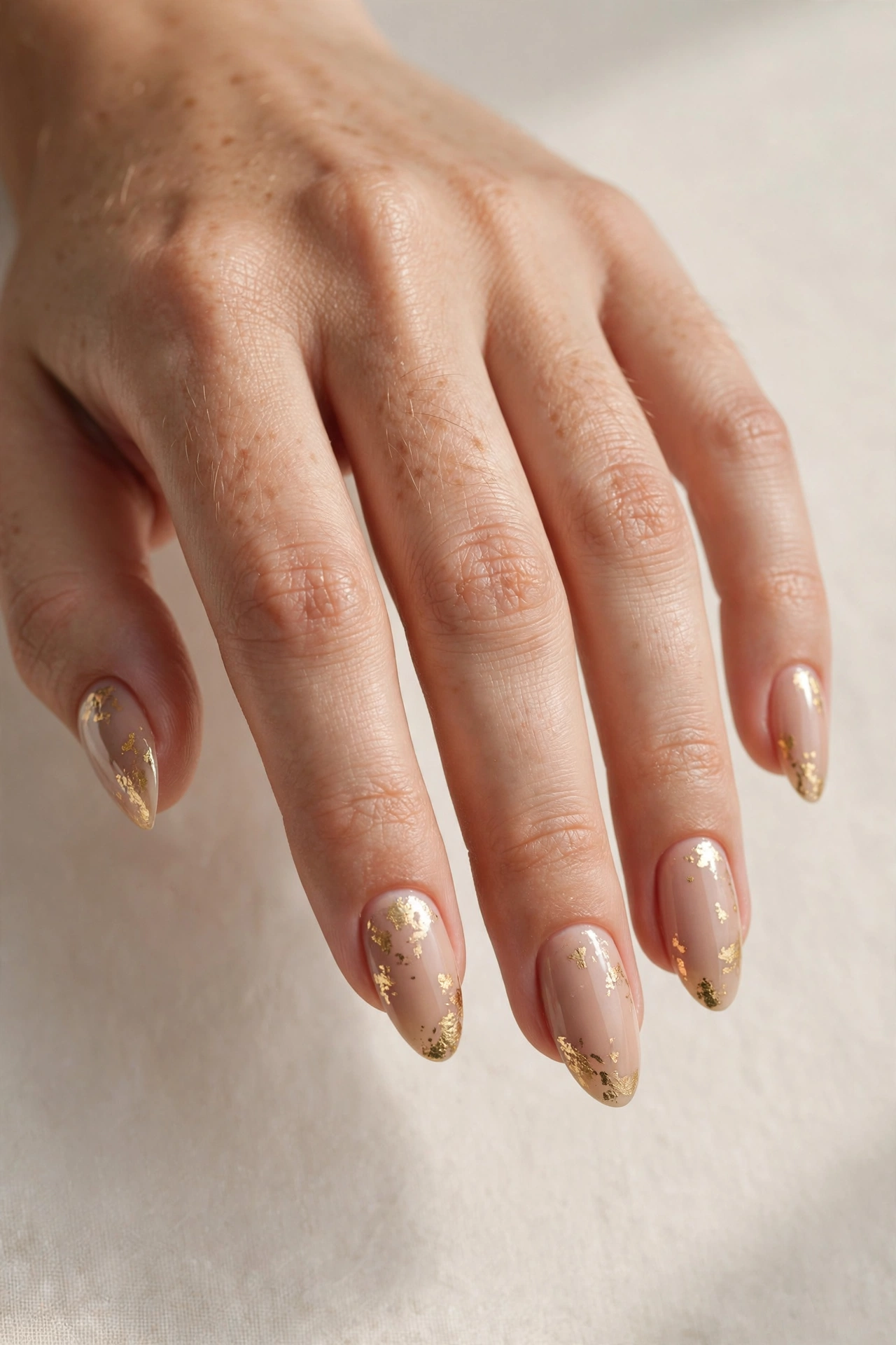 Nude manicure with gold foil flake accents