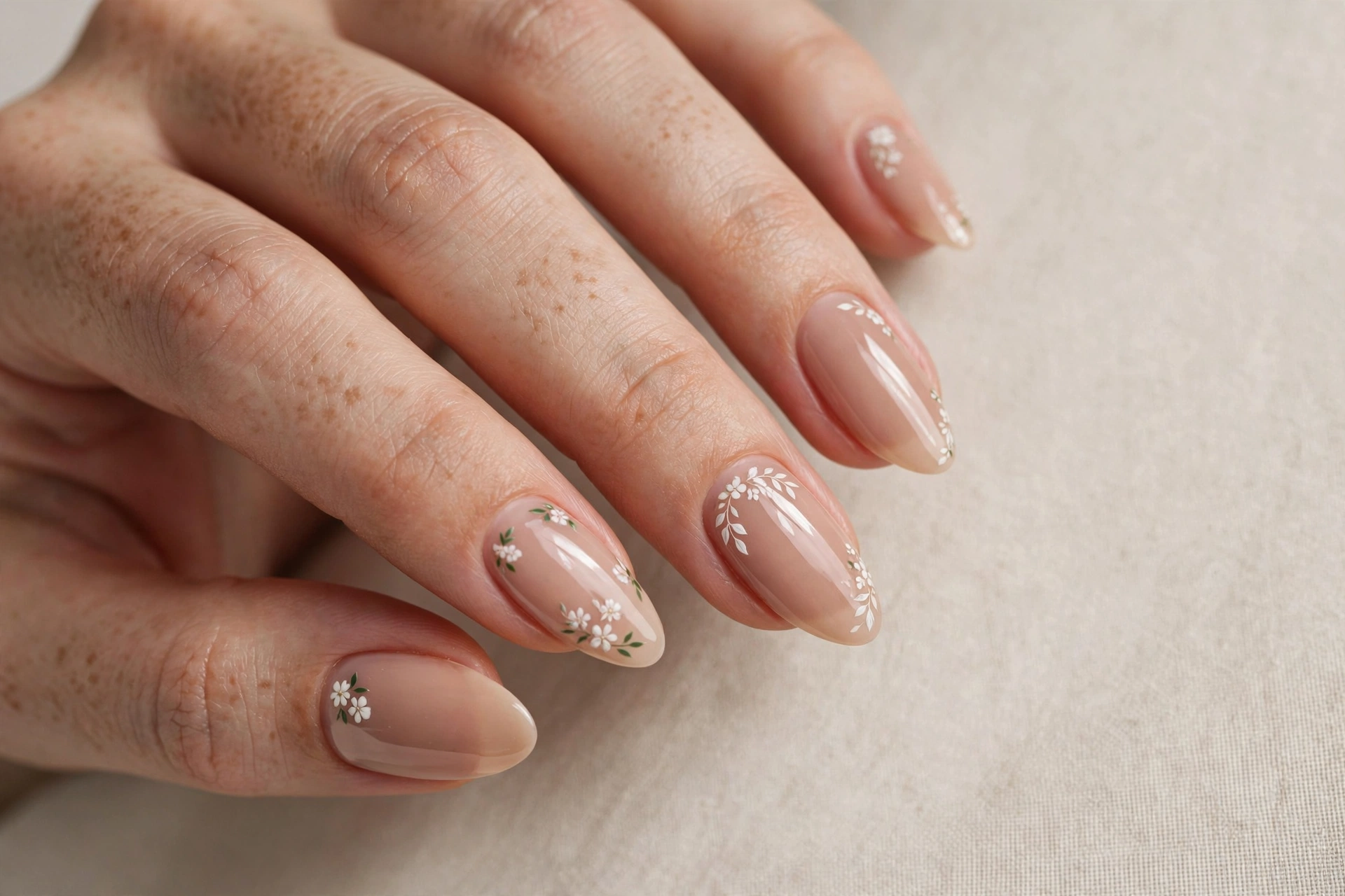Nude manicure with delicate white floral nail art