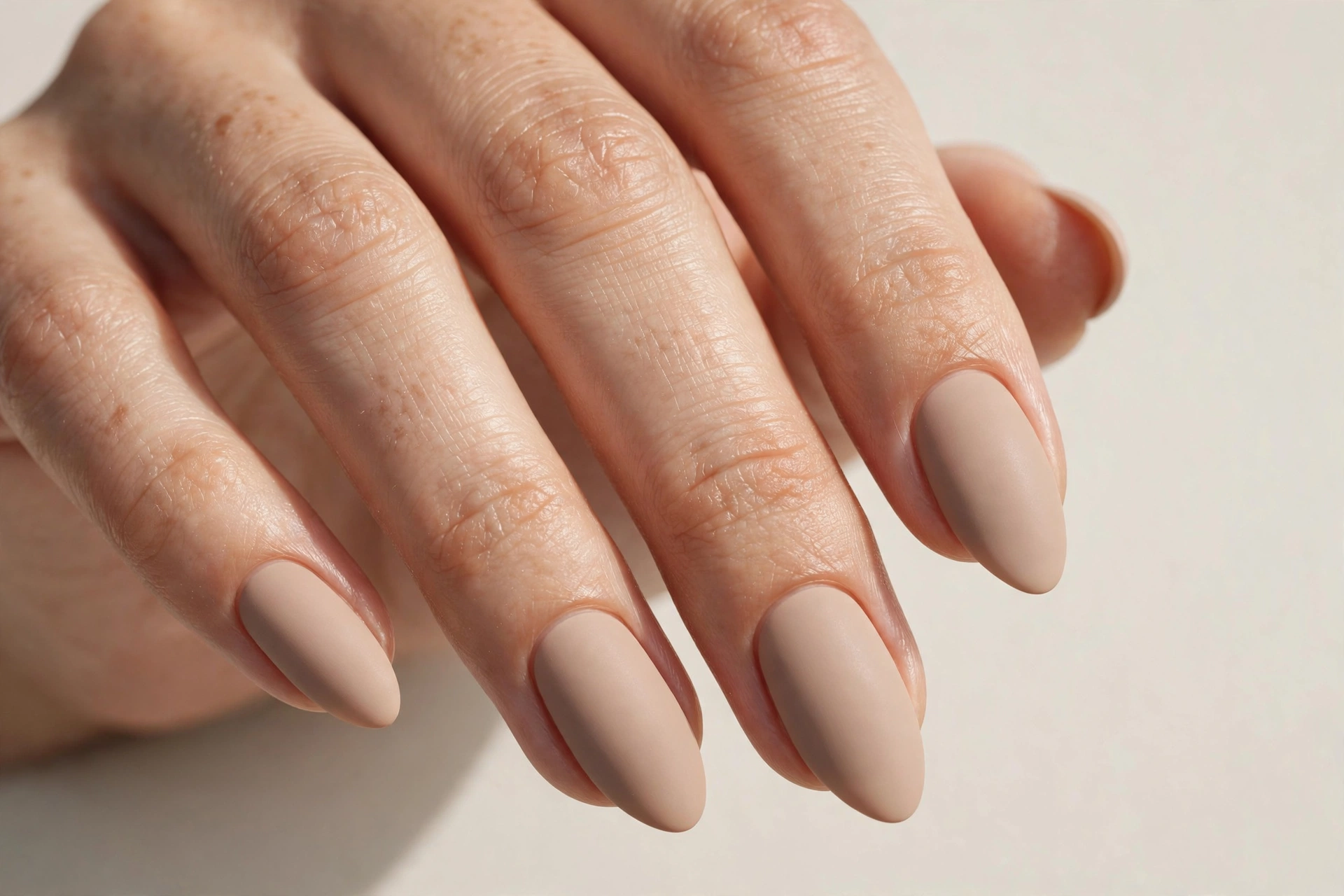 Matte nude beige manicure on almond nails