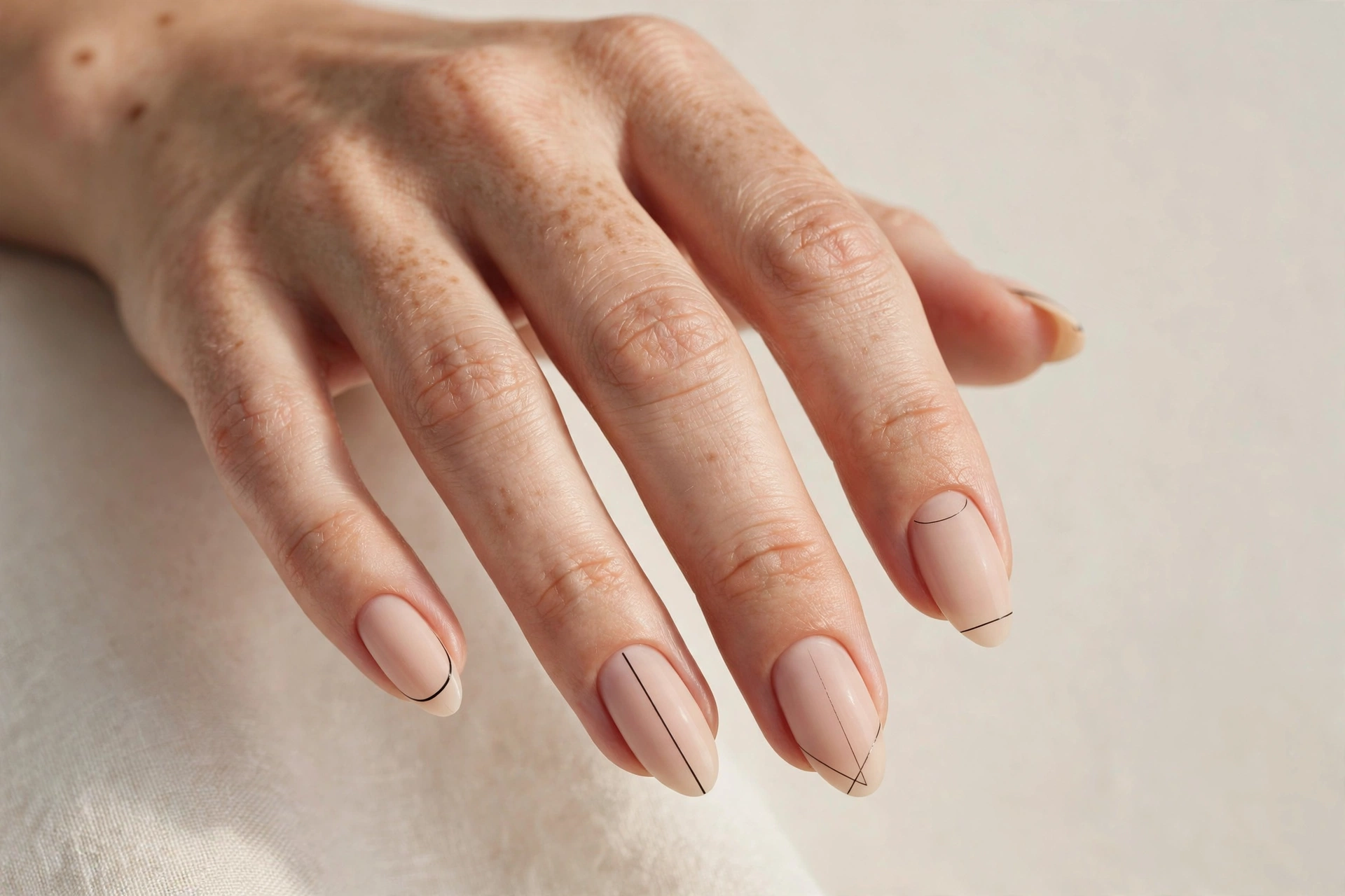 Nude manicure with minimal black line art details