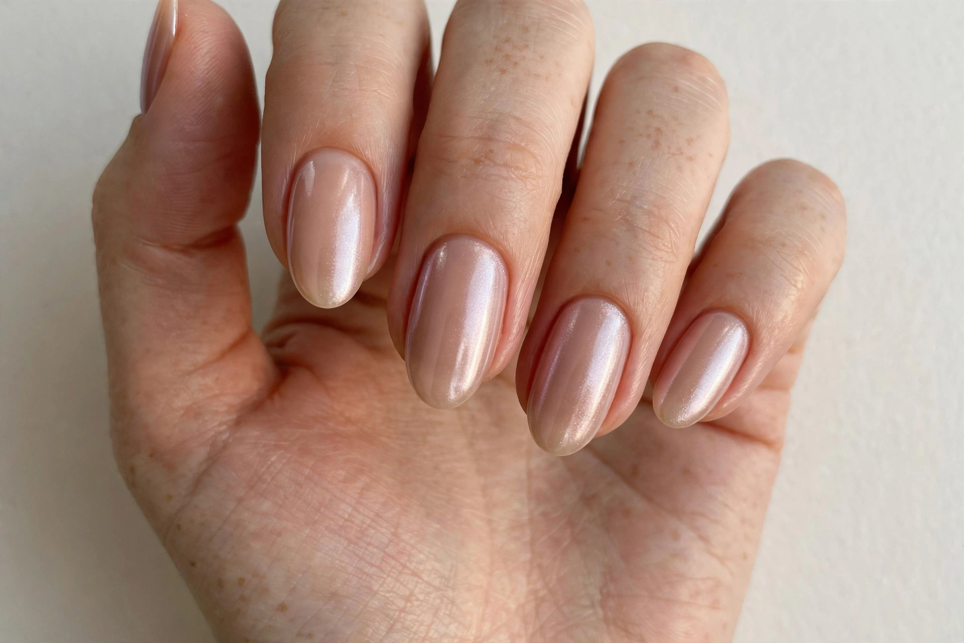 Glossy nude manicure with pearl chrome sheen finish