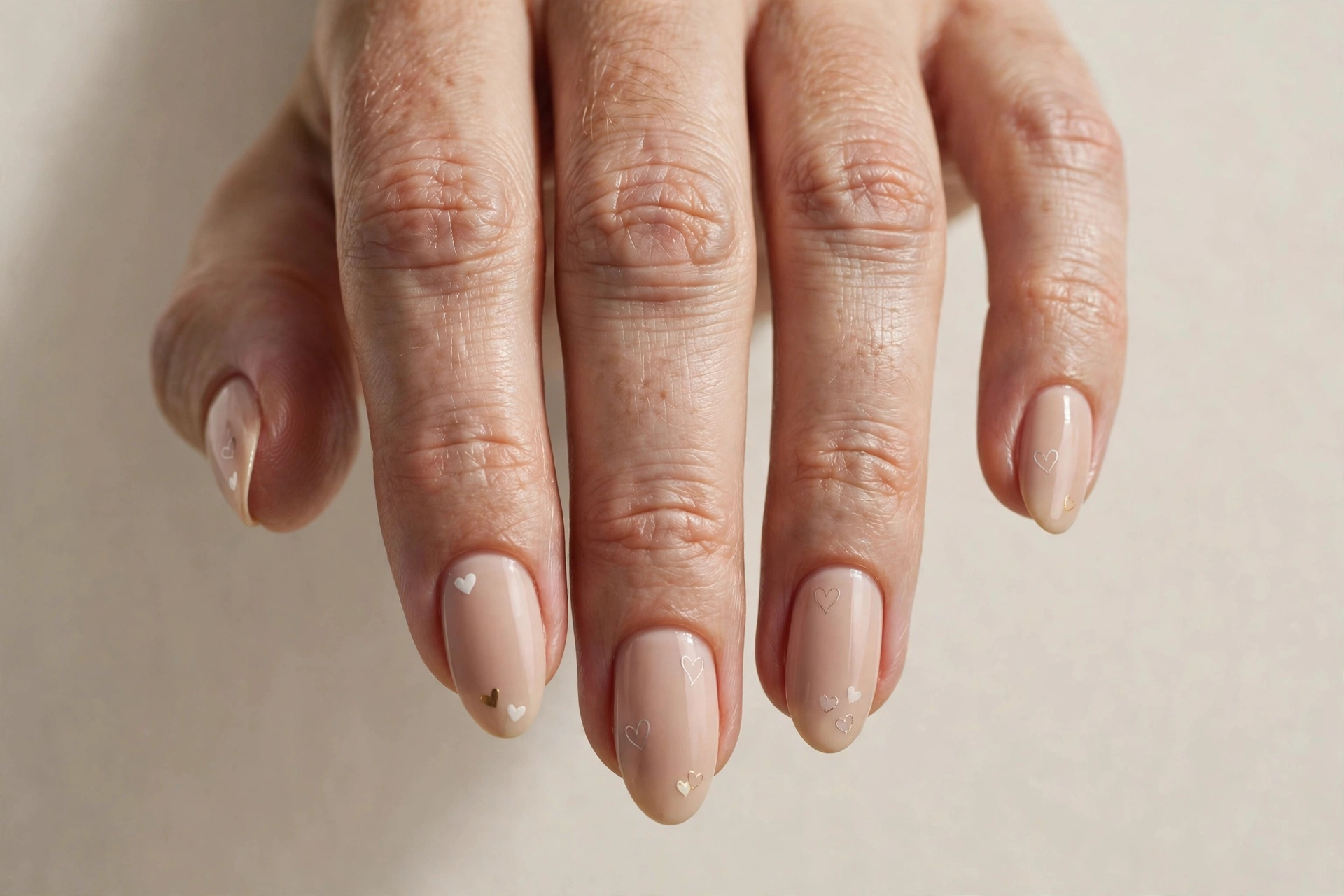 Nude manicure with tiny delicate heart accents