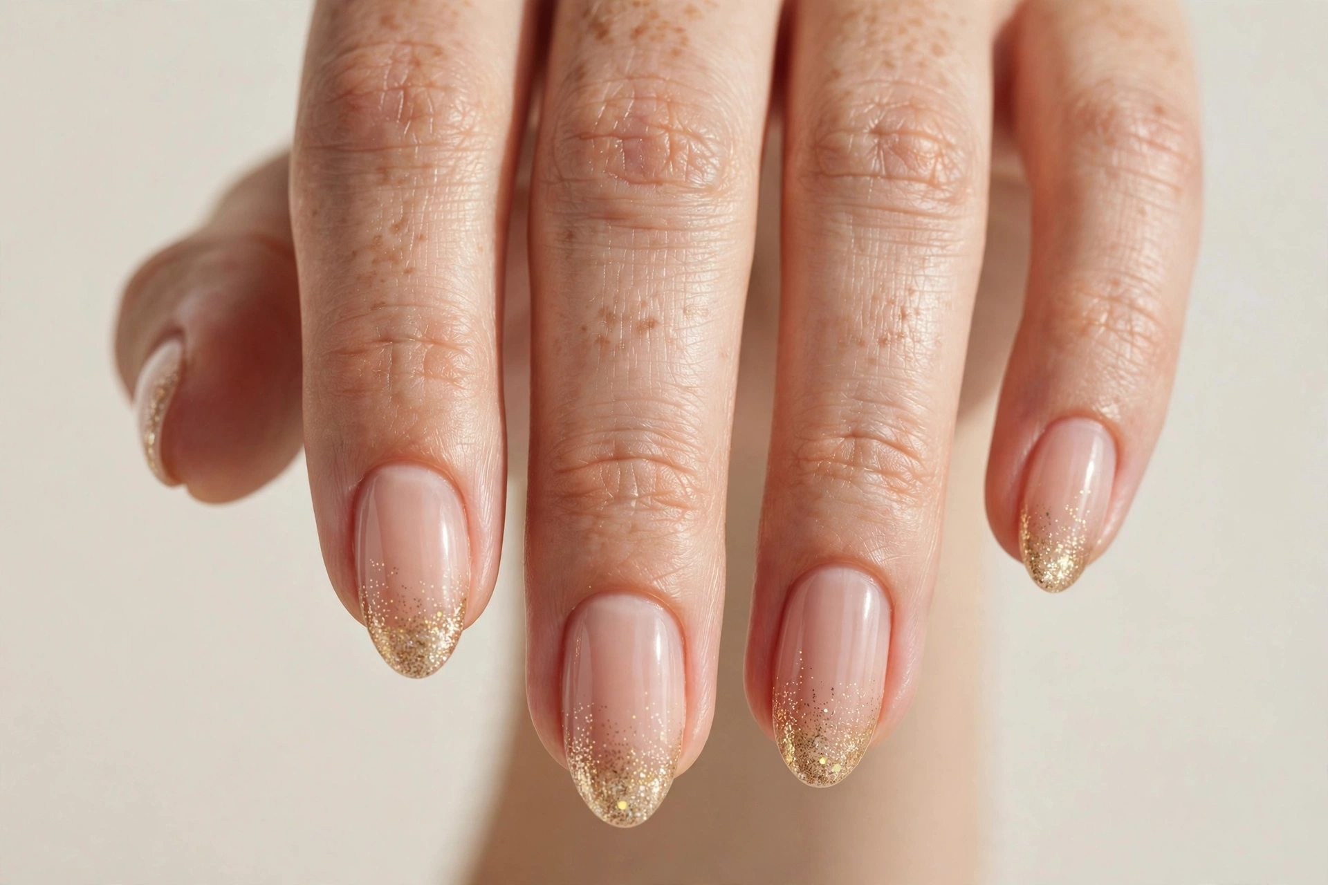 Nude manicure with fine gold glitter tips