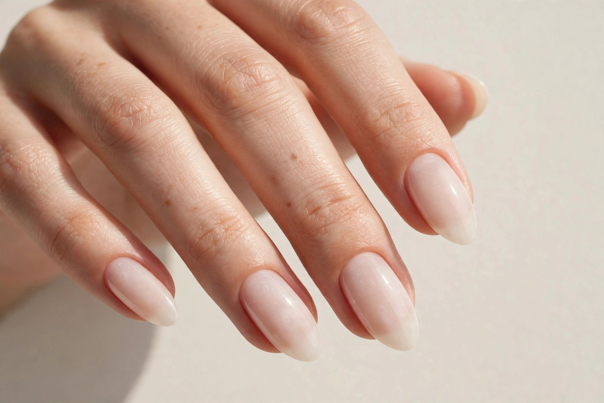Sheer milky nude milk-bath manicure on almond nails