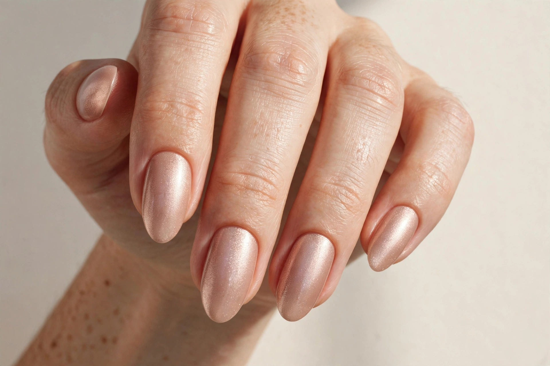 Nude manicure with soft rose-gold shimmer finish