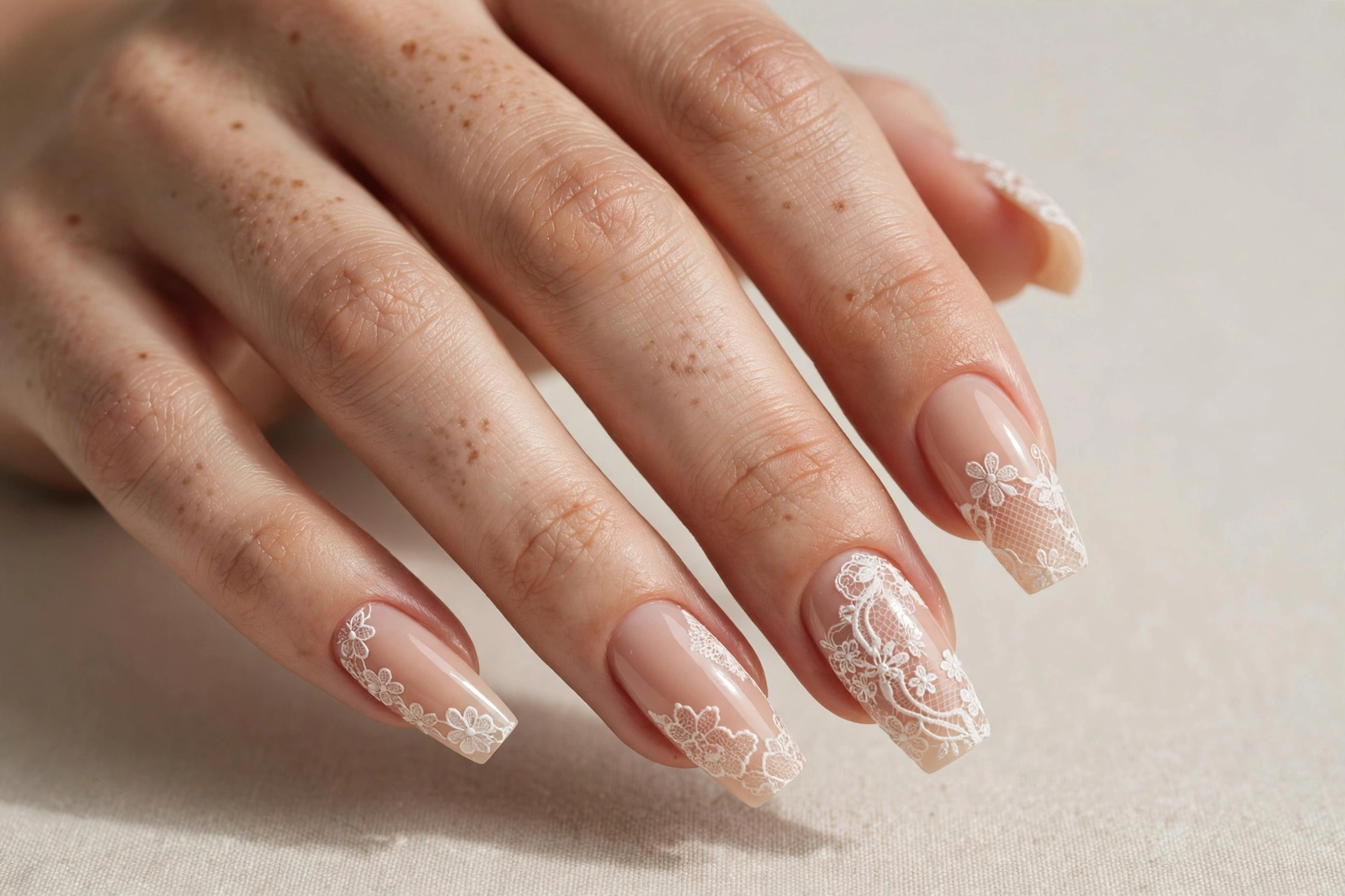 Nude coffin nails with delicate white lace pattern