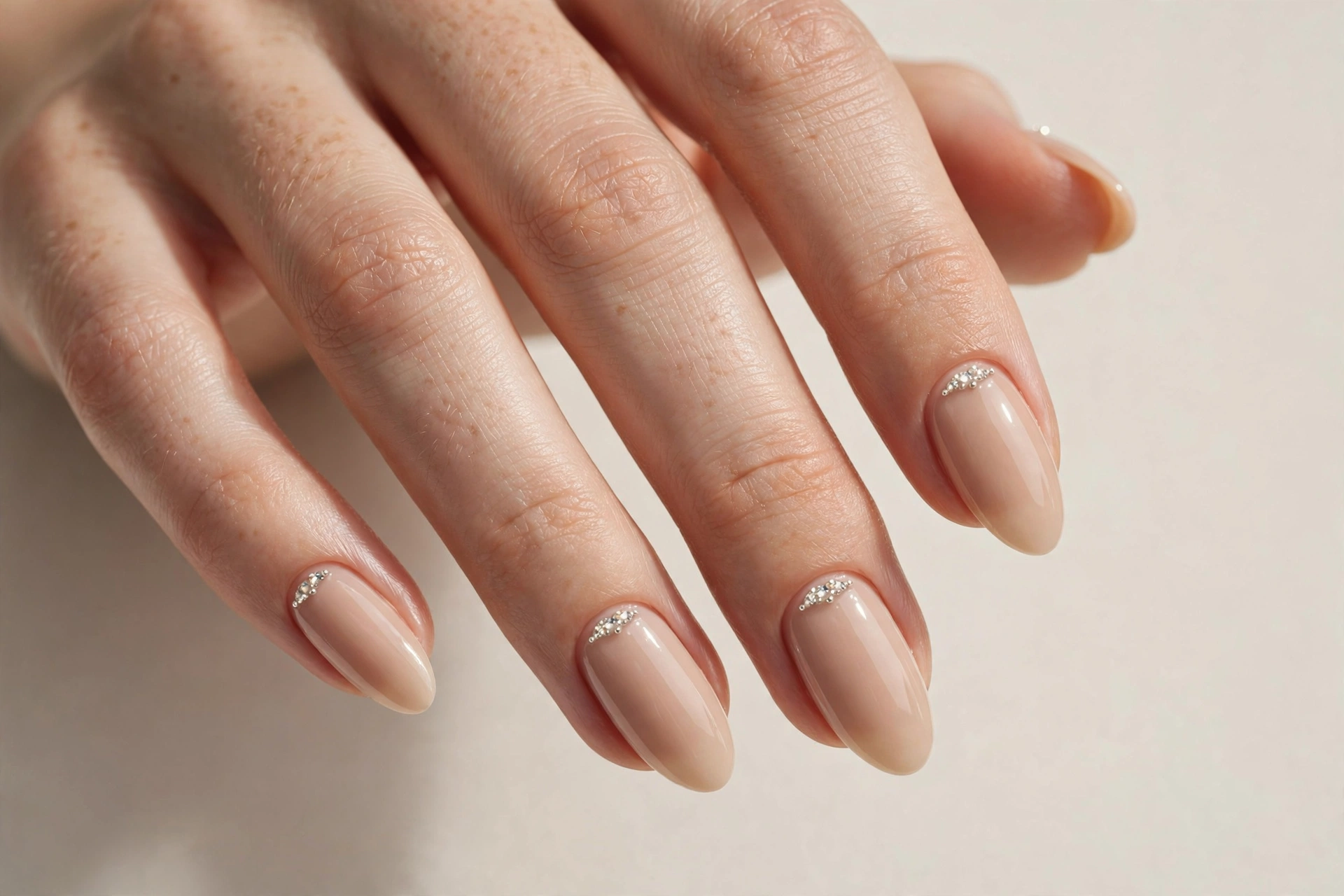 Nude manicure with tiny rhinestone accents at cuticles
