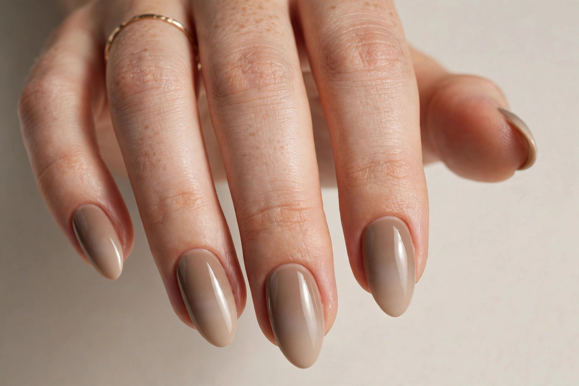 Nude manicure with warm taupe to beige gradient blend