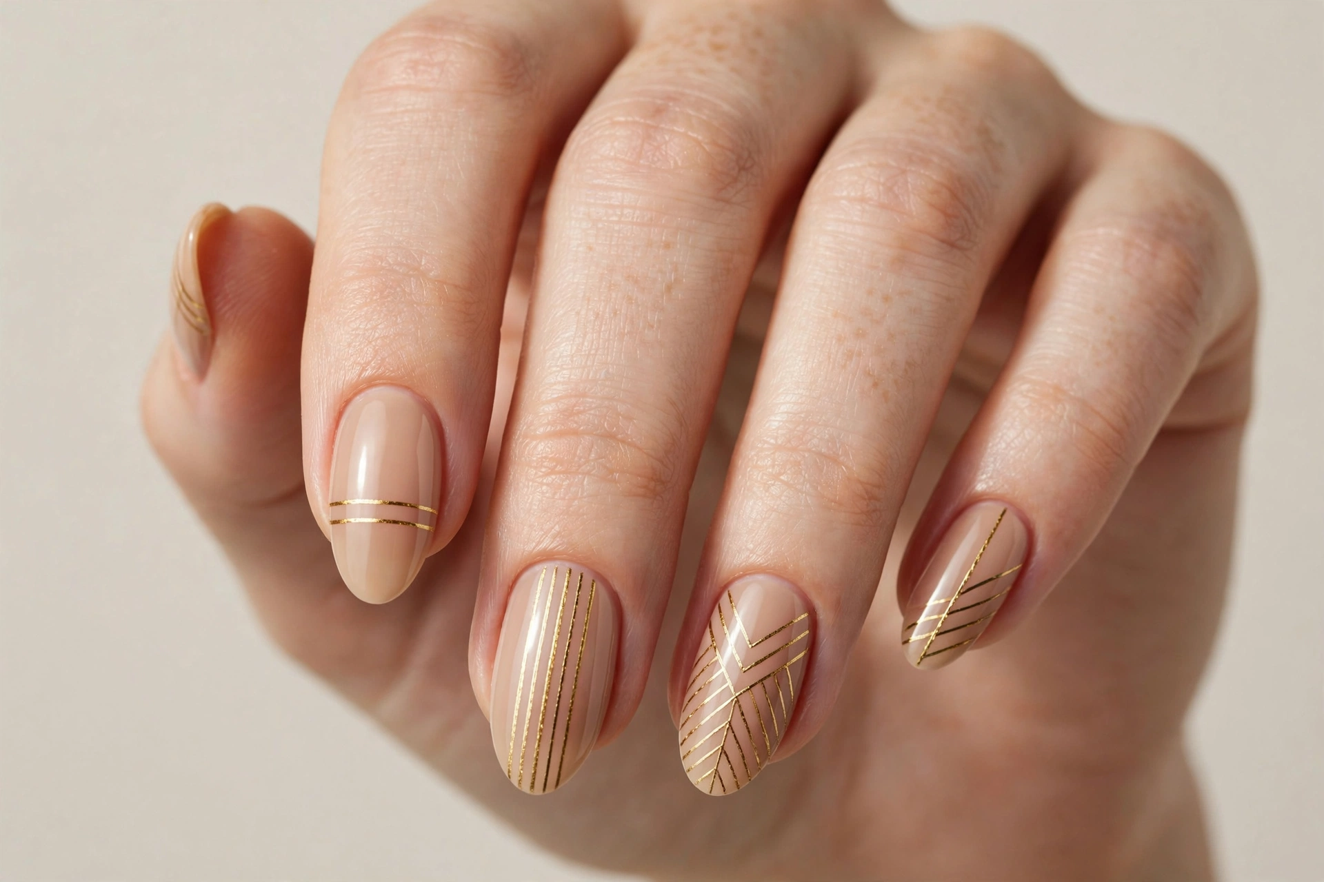 Nude almond nails with fine gold metallic stripes