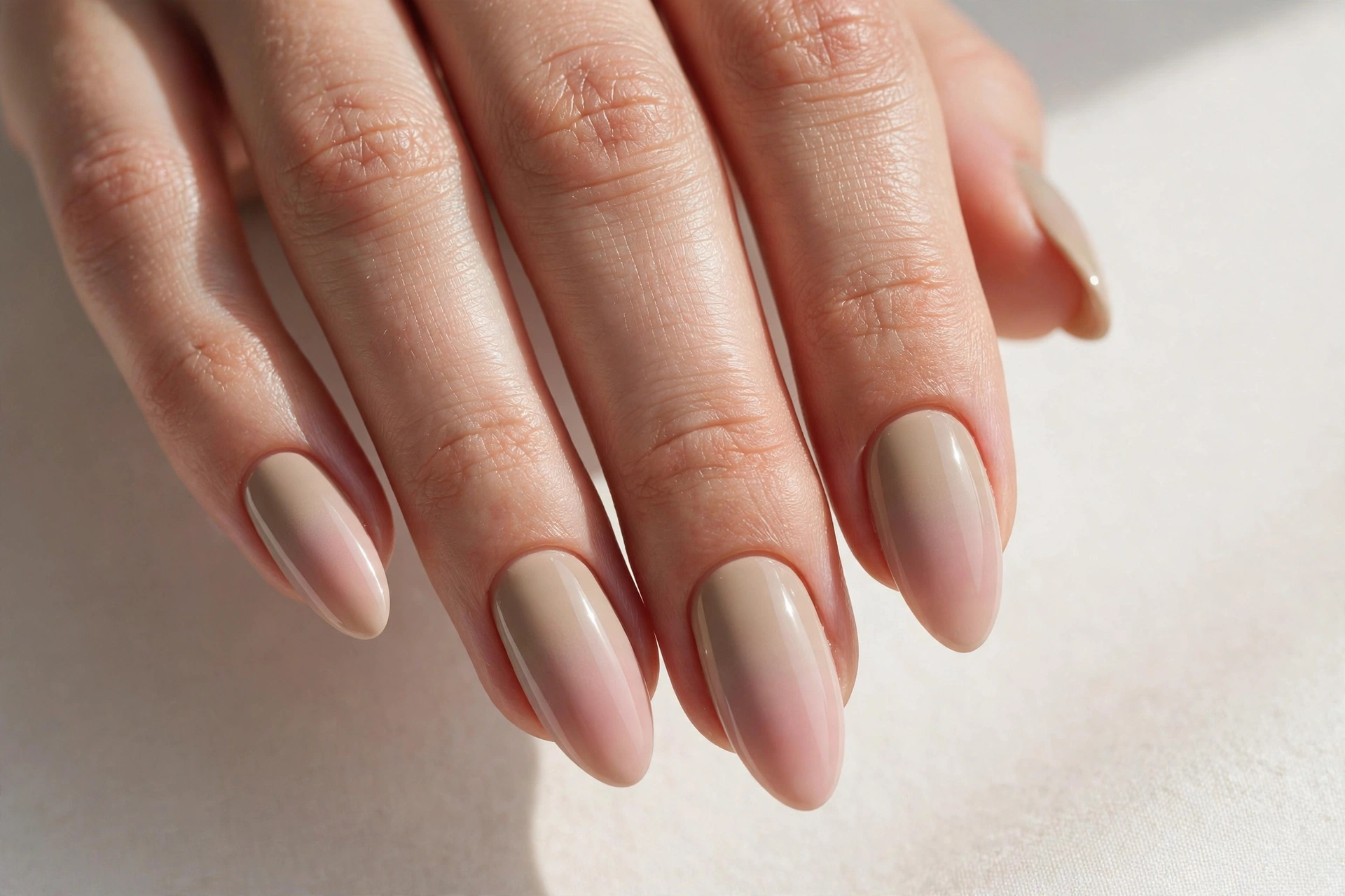 Beige-to-blush pink fade ombre manicure on almond nails