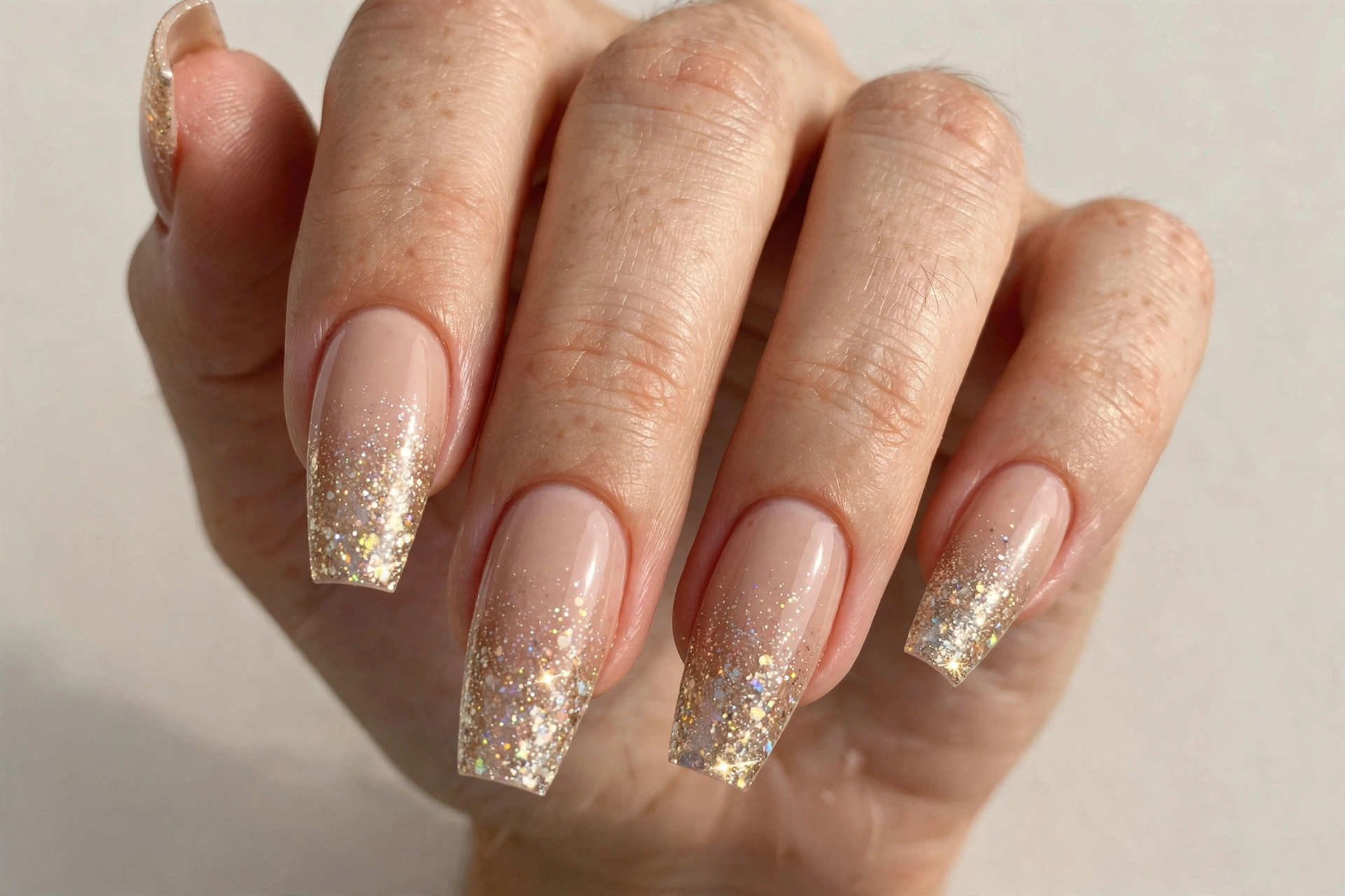 Nude glitter ombre manicure with sparkling tips on coffin nails
