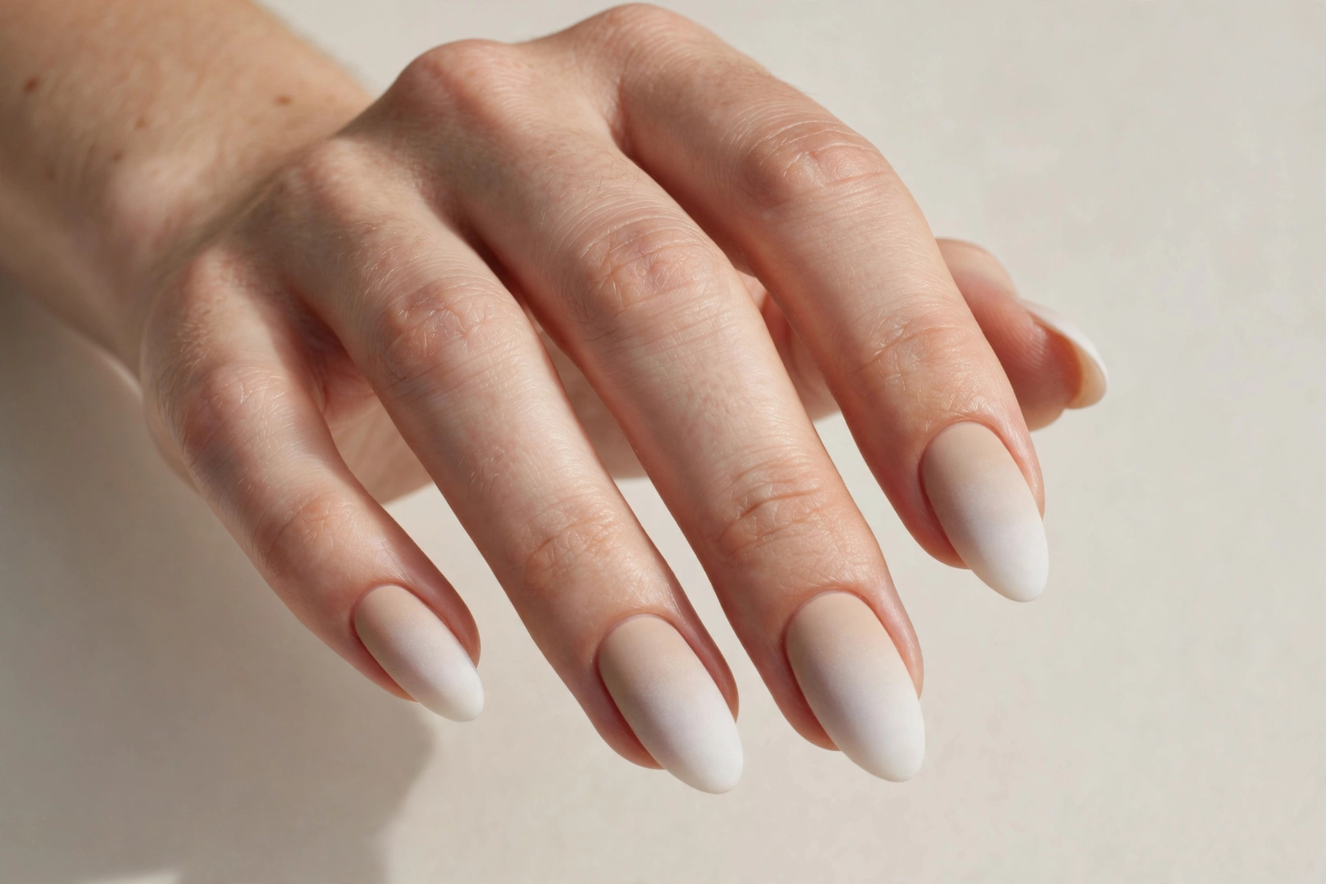 Matte nude ombre manicure fading from beige to soft white on almond nails