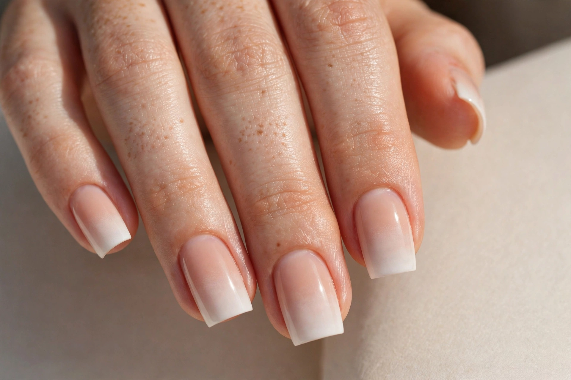 French ombre manicure with soft white tips blending into nude base on square nails