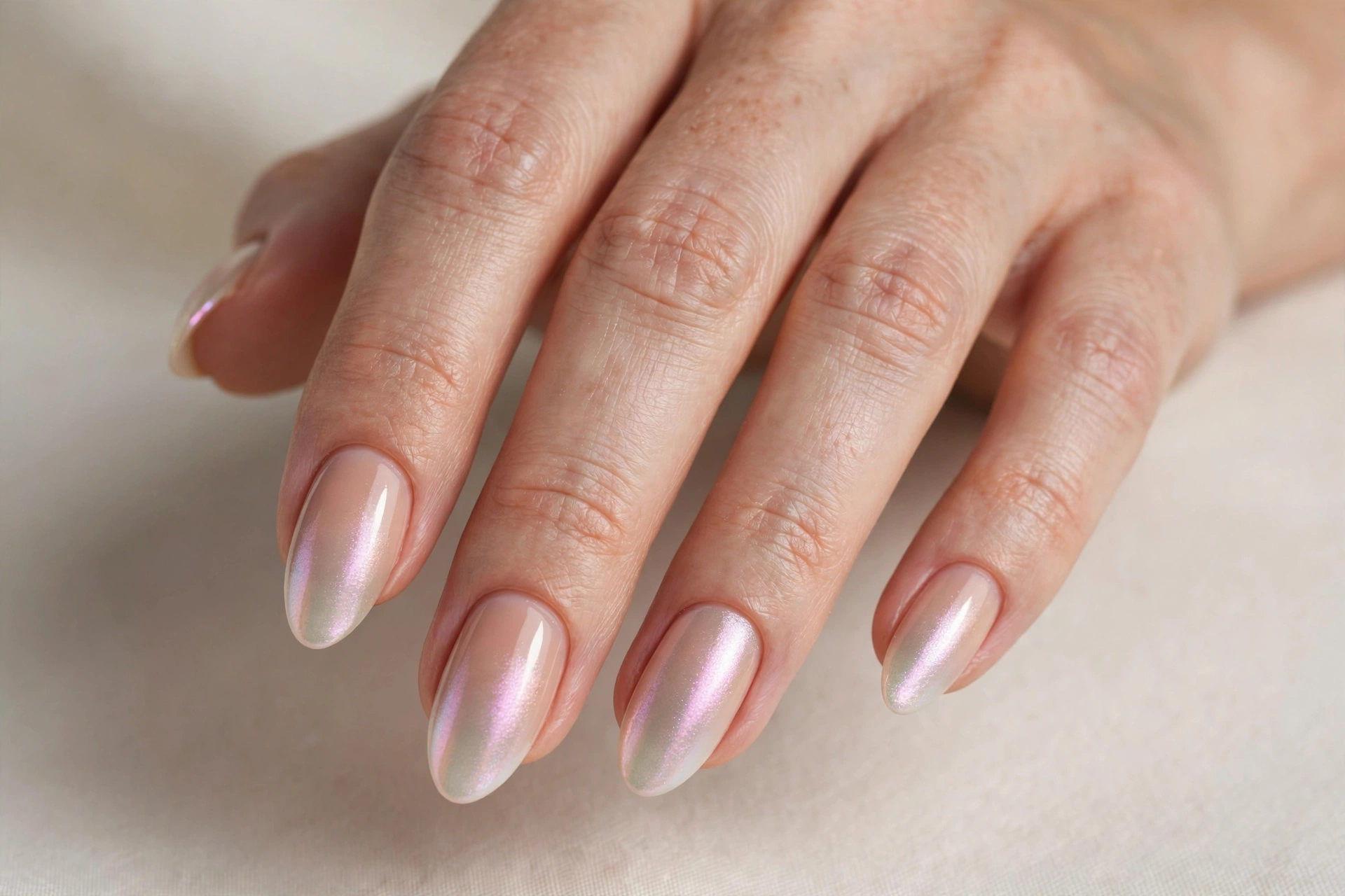 Pearl nude blend ombre manicure with iridescent sheen on almond nails