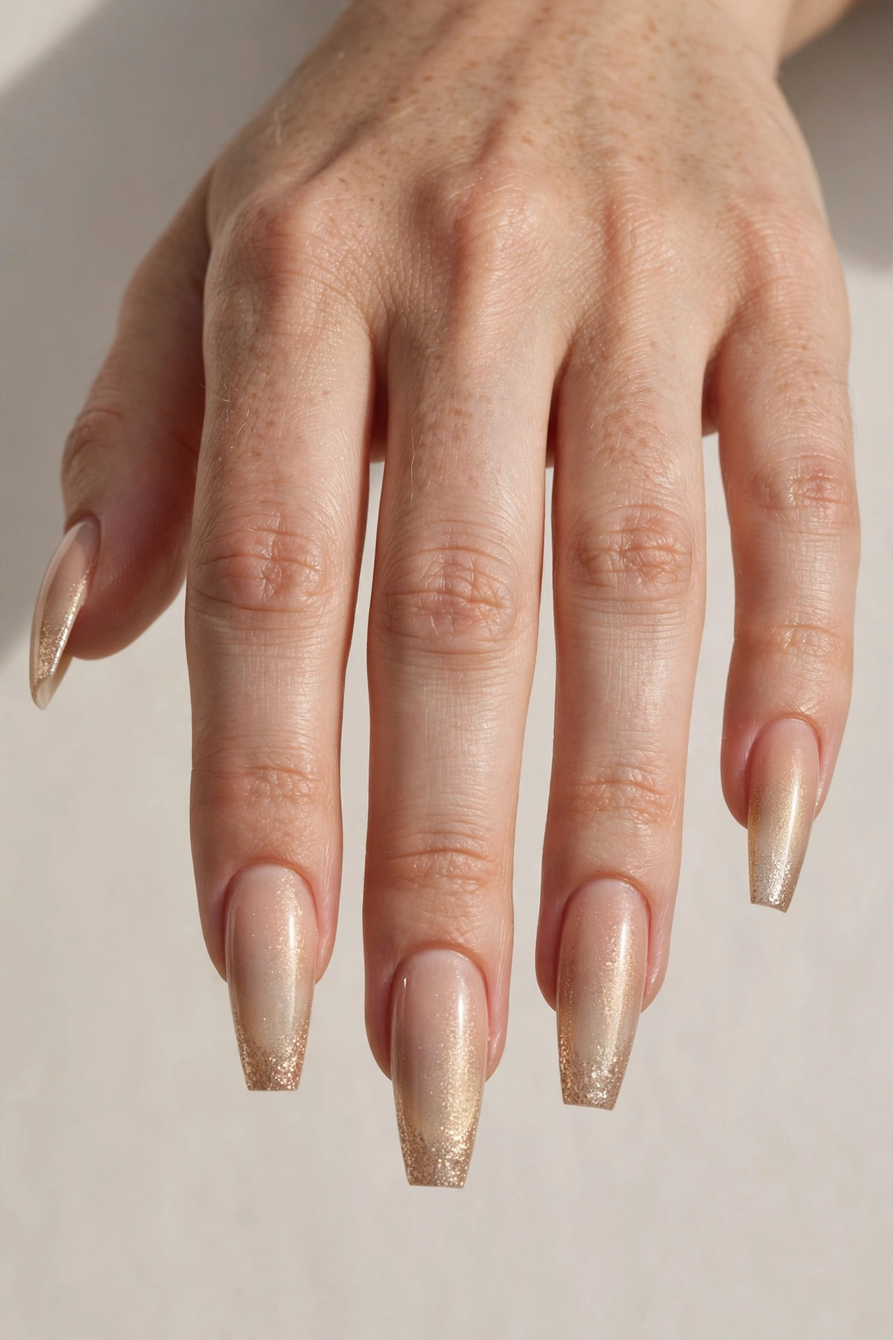 Nude-to-champagne shimmer ombre manicure on coffin nails