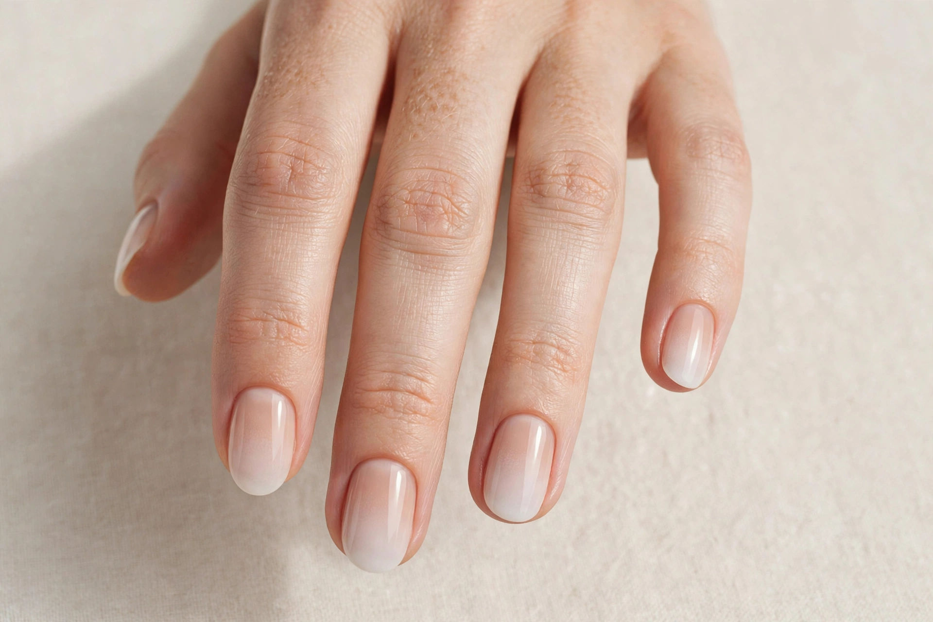 Sheer nude to milky white ombre manicure on short oval nails