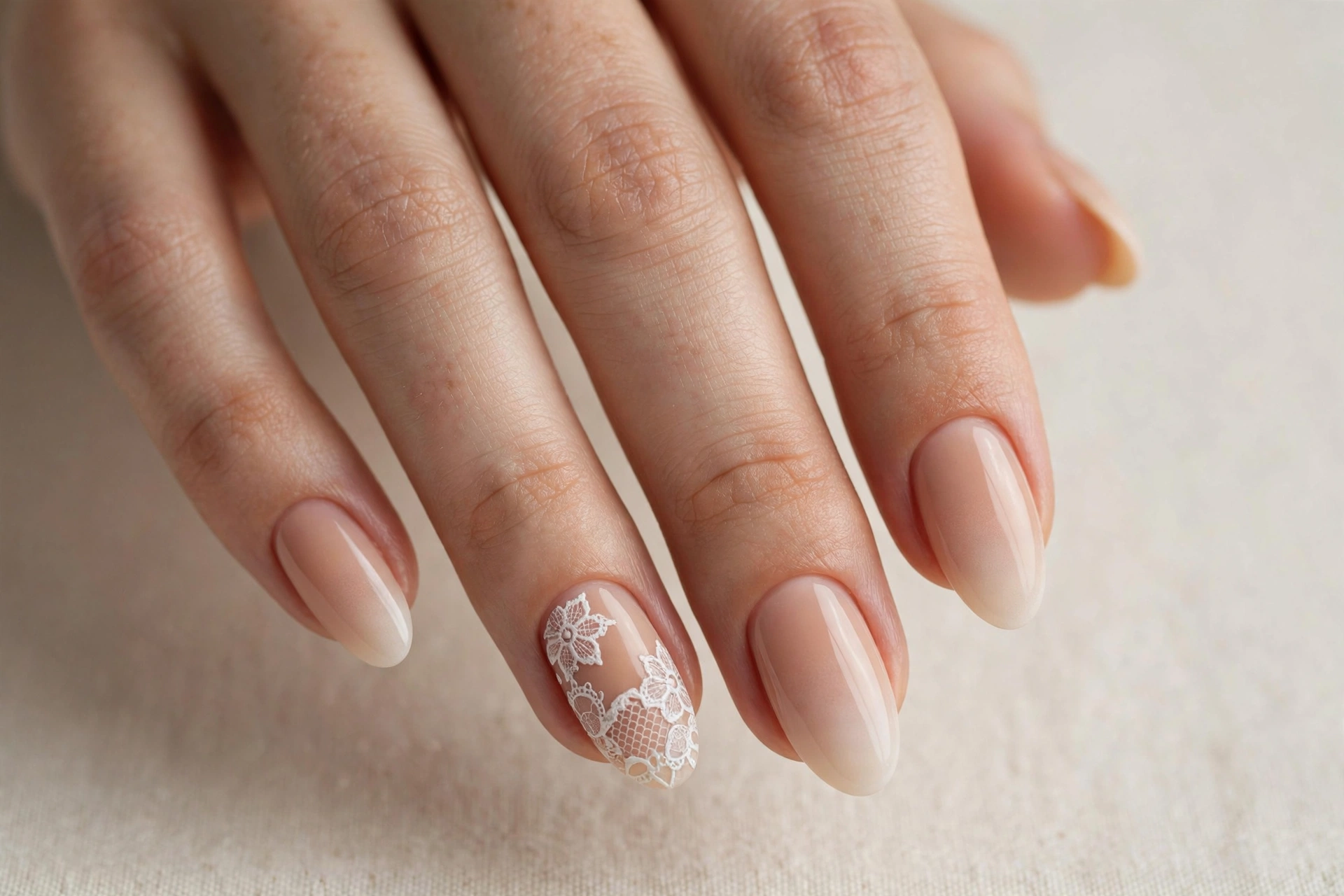 Nude ombre manicure with delicate white lace accent nail art on almond nails