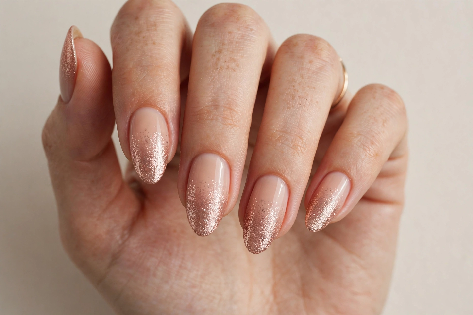 Rose gold glitter ombre fade manicure over nude base on almond nails